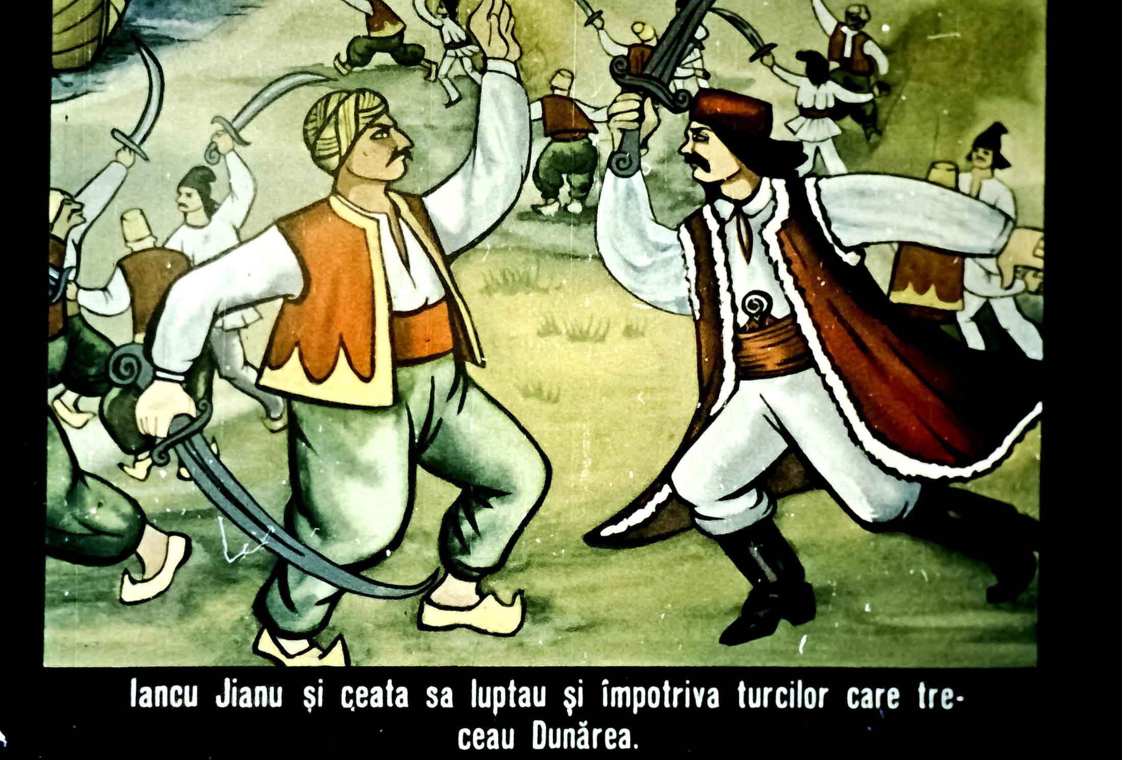 Ilustrație istorică reprezentând o bătălie între români și turci.