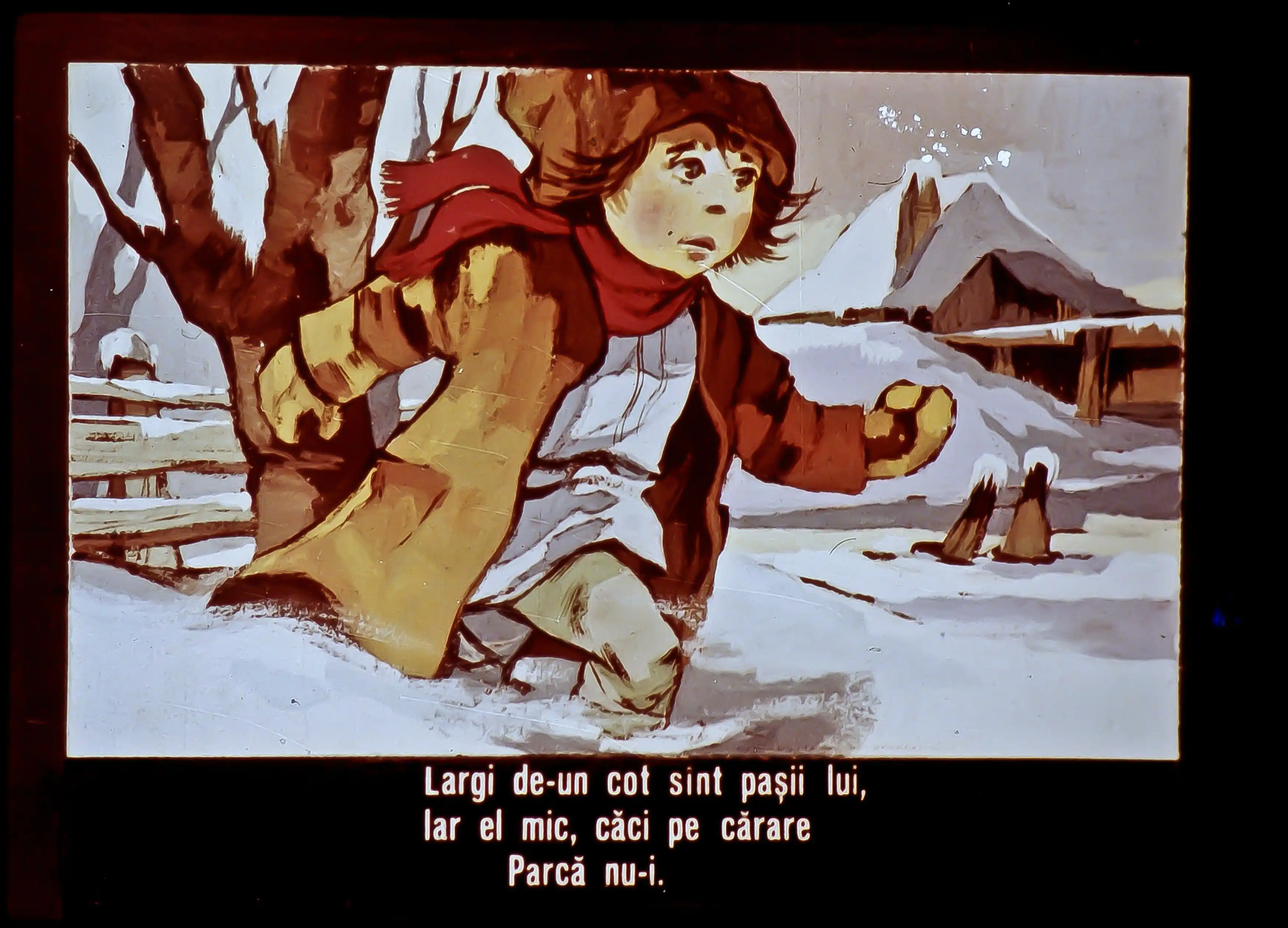 Ilustrație cu un copil care aleargă prin zăpadă, având un fundal de peisaj montan.