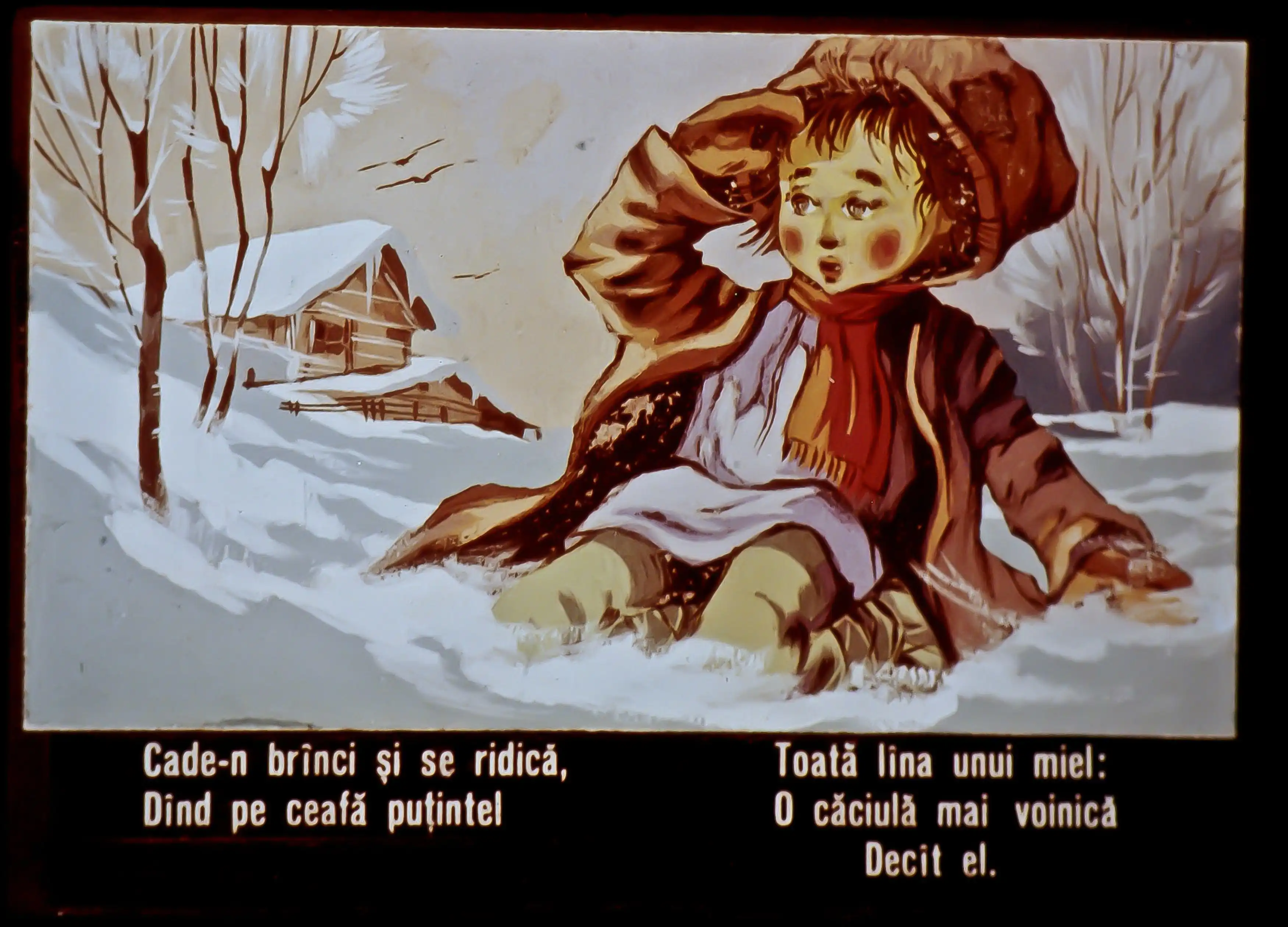 Imagine ilustrată cu un copil în zăpadă, în fundal o cabană și copaci, text pe două rânduri despre un copil care se ridică și o căciulă.