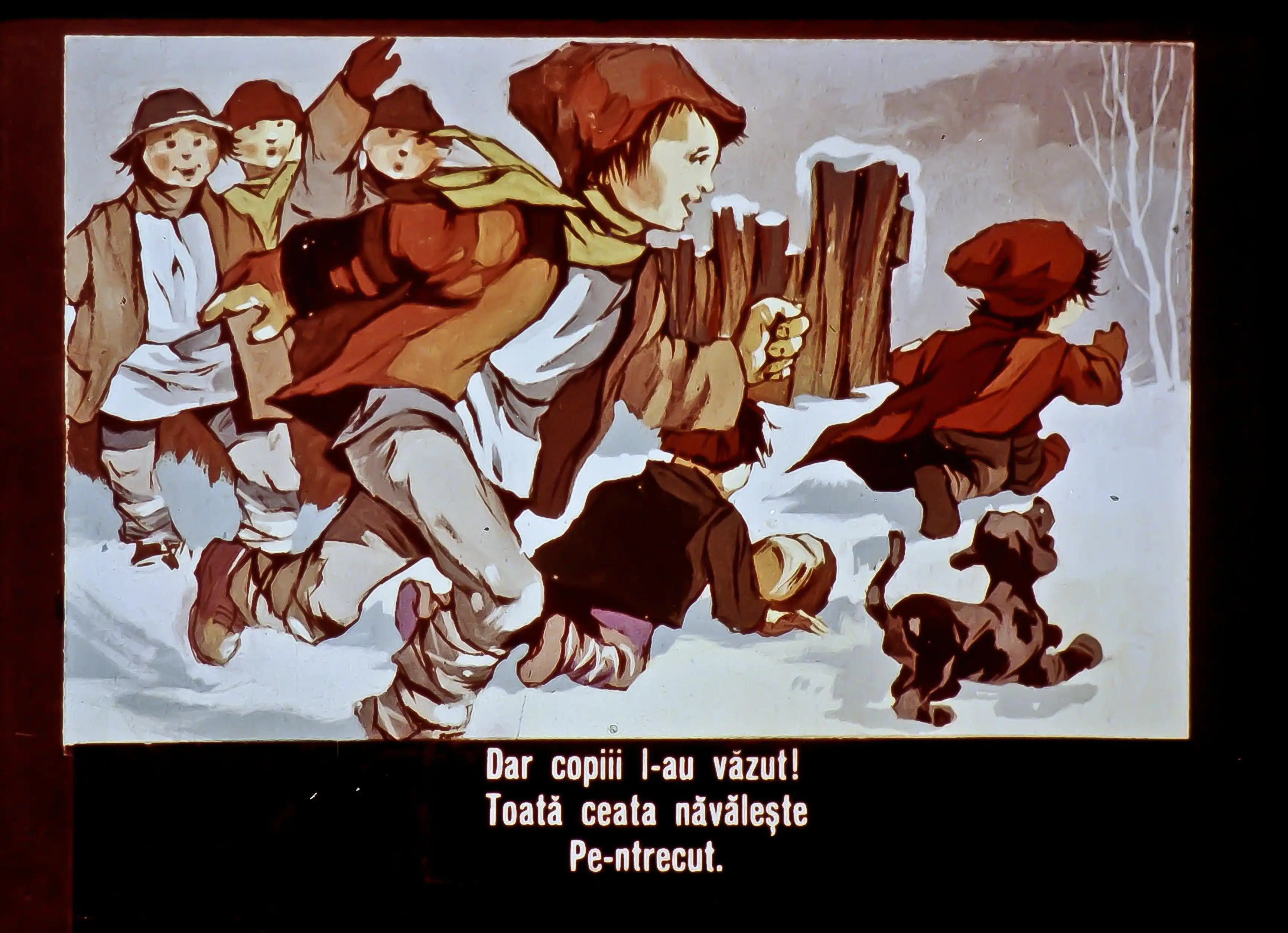 Ilustrație cu copii care aleargă prin zăpadă, însoțiți de un cățel, cu text scris pe fundal.