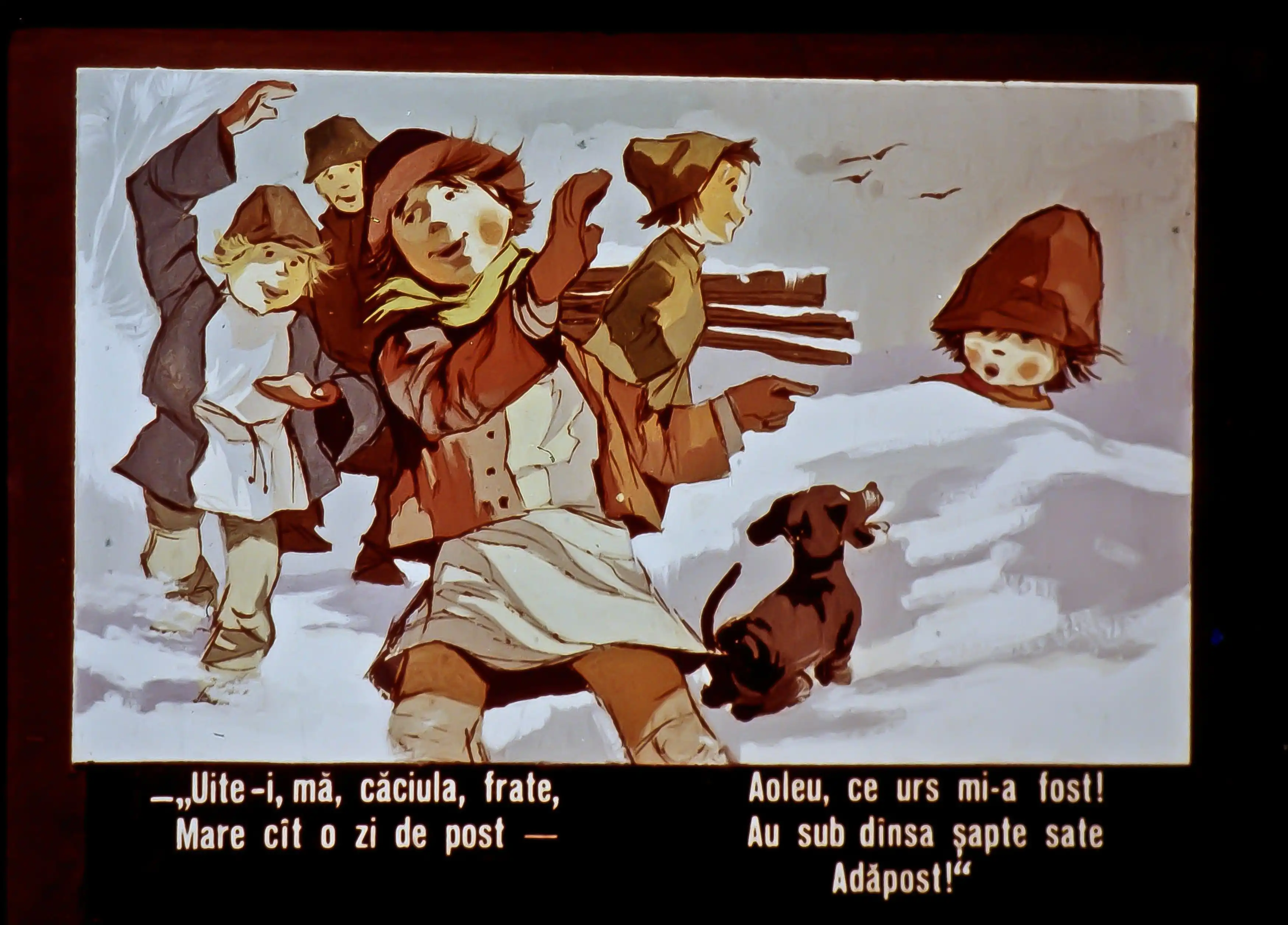 Ilustratie cu copii jucându-se în zăpadă și un câine, text în română despre o căciulă și un urs.