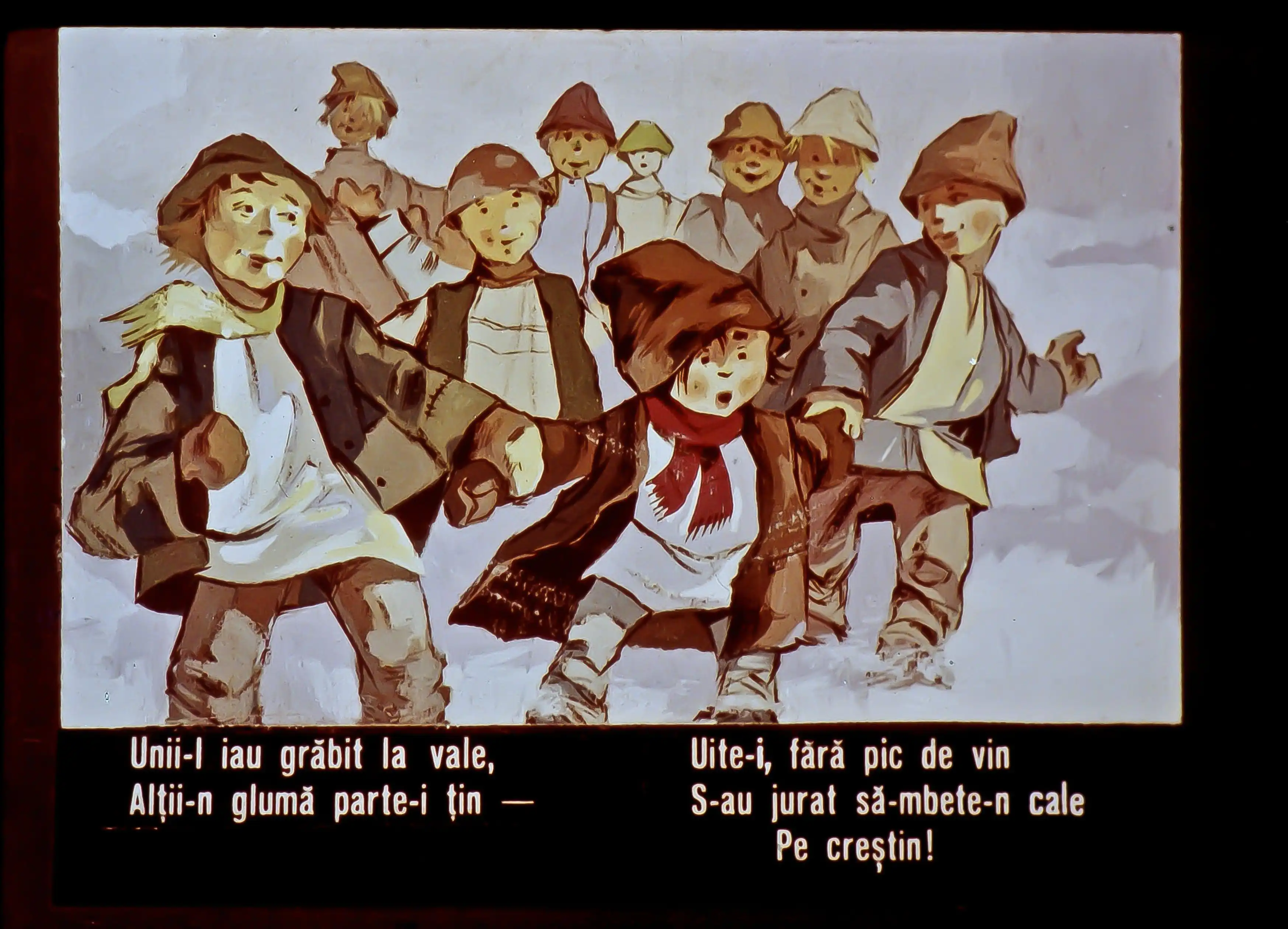 Ilustrație cu copii jucându-se în zăpadă, acompaniată de un text dintr-o poezie despre faptele lor.