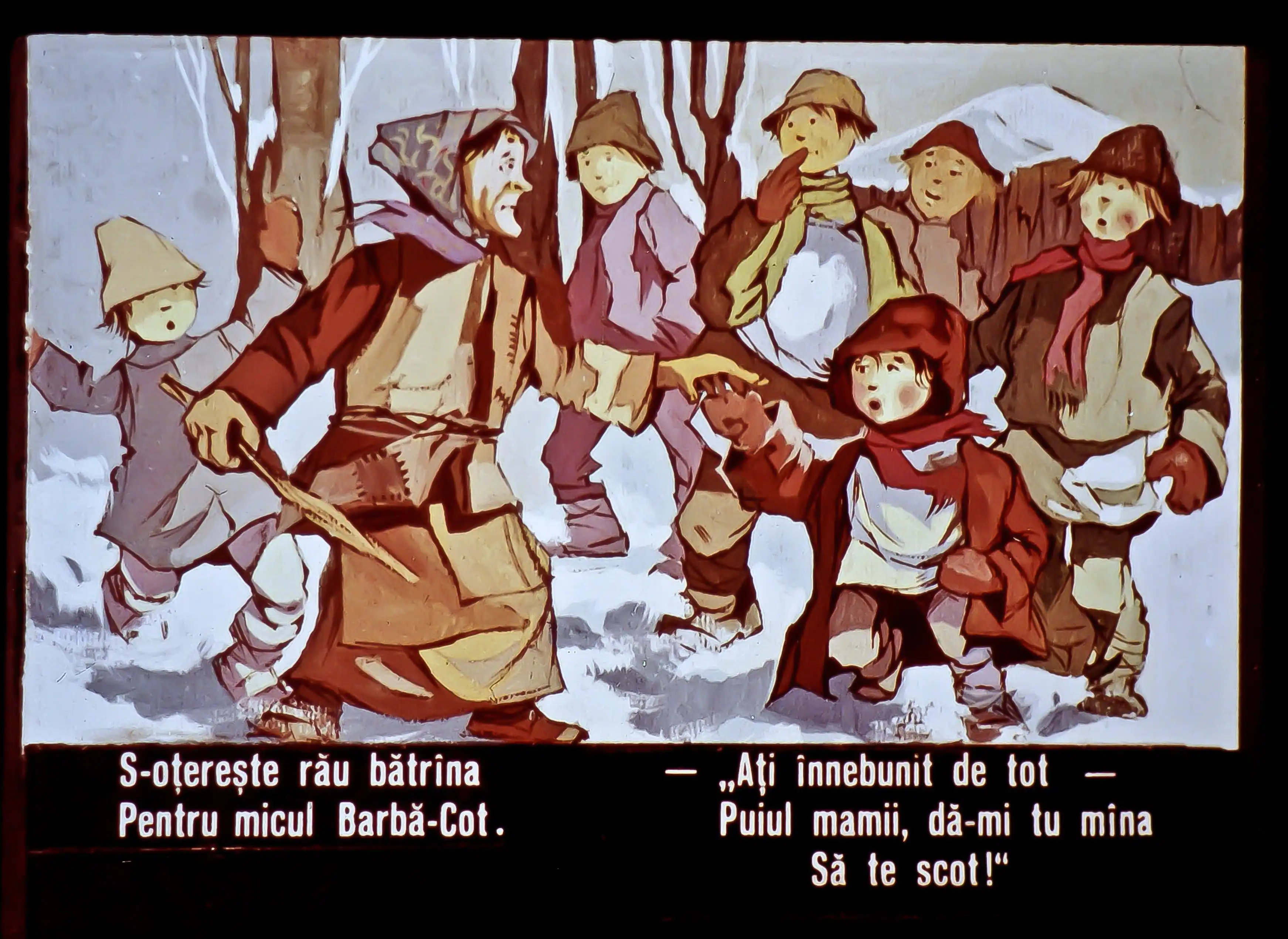 Imagine cu copii și o bătrână în zăpadă, text în română despre o bătrână și un copil.