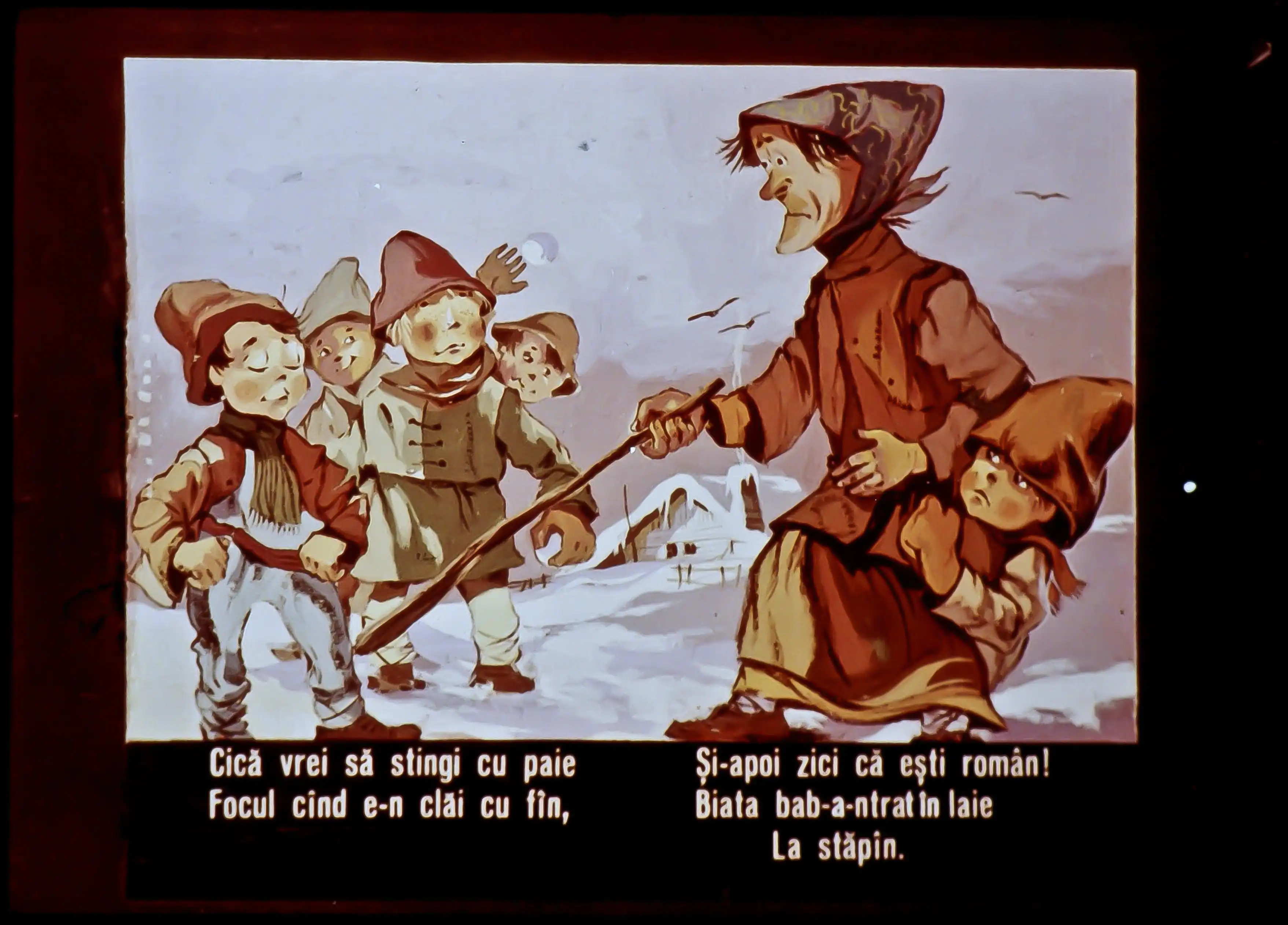 Ilustrație care arată copii jucându-se în zăpadă, alături de o femeie în costum tradițional românesc, cu un text inscripționat despre un dialog între personaje.