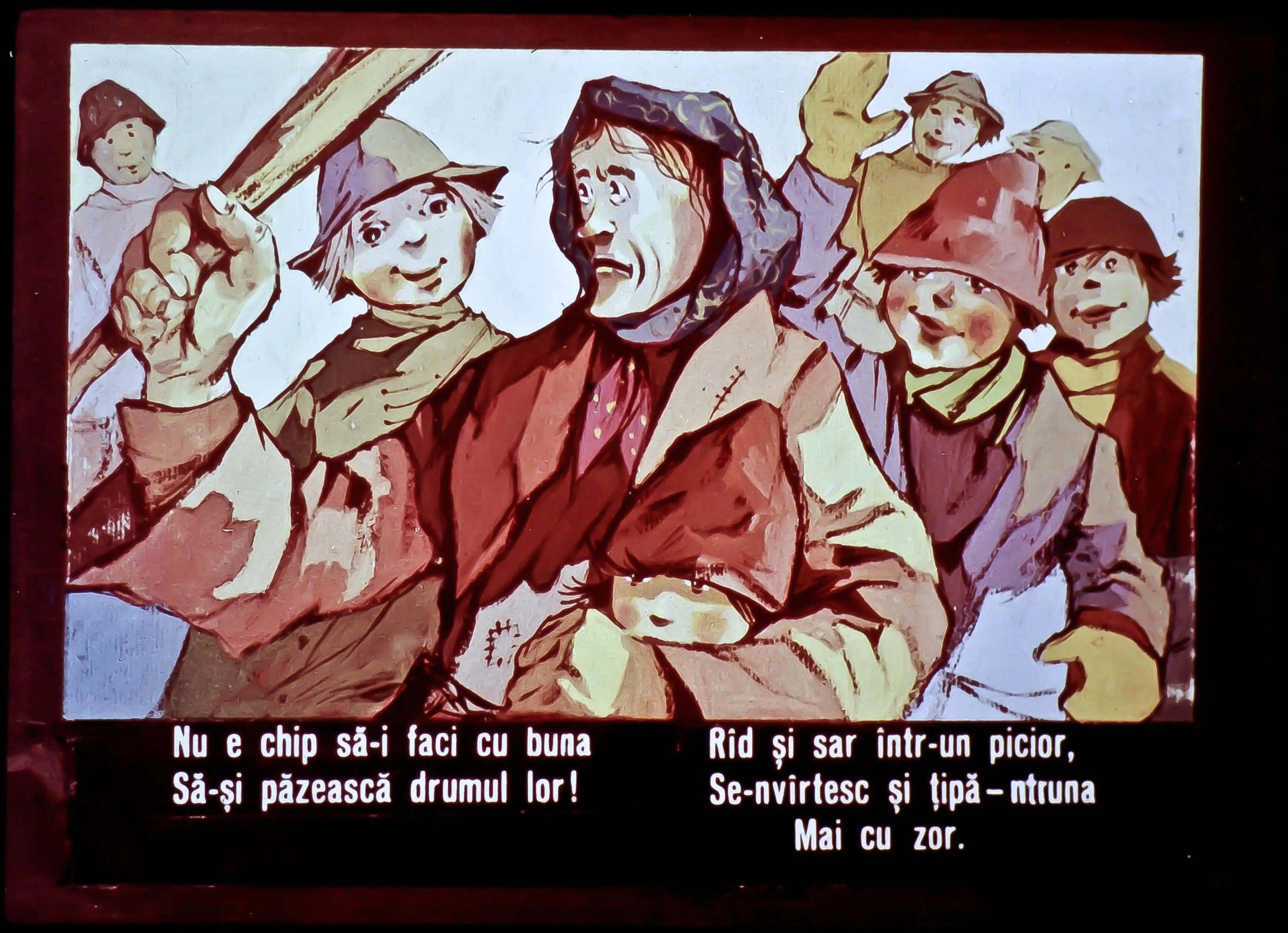 Ilustrație cu personaje care discută, cu text în partea de jos care conține un mesaj.