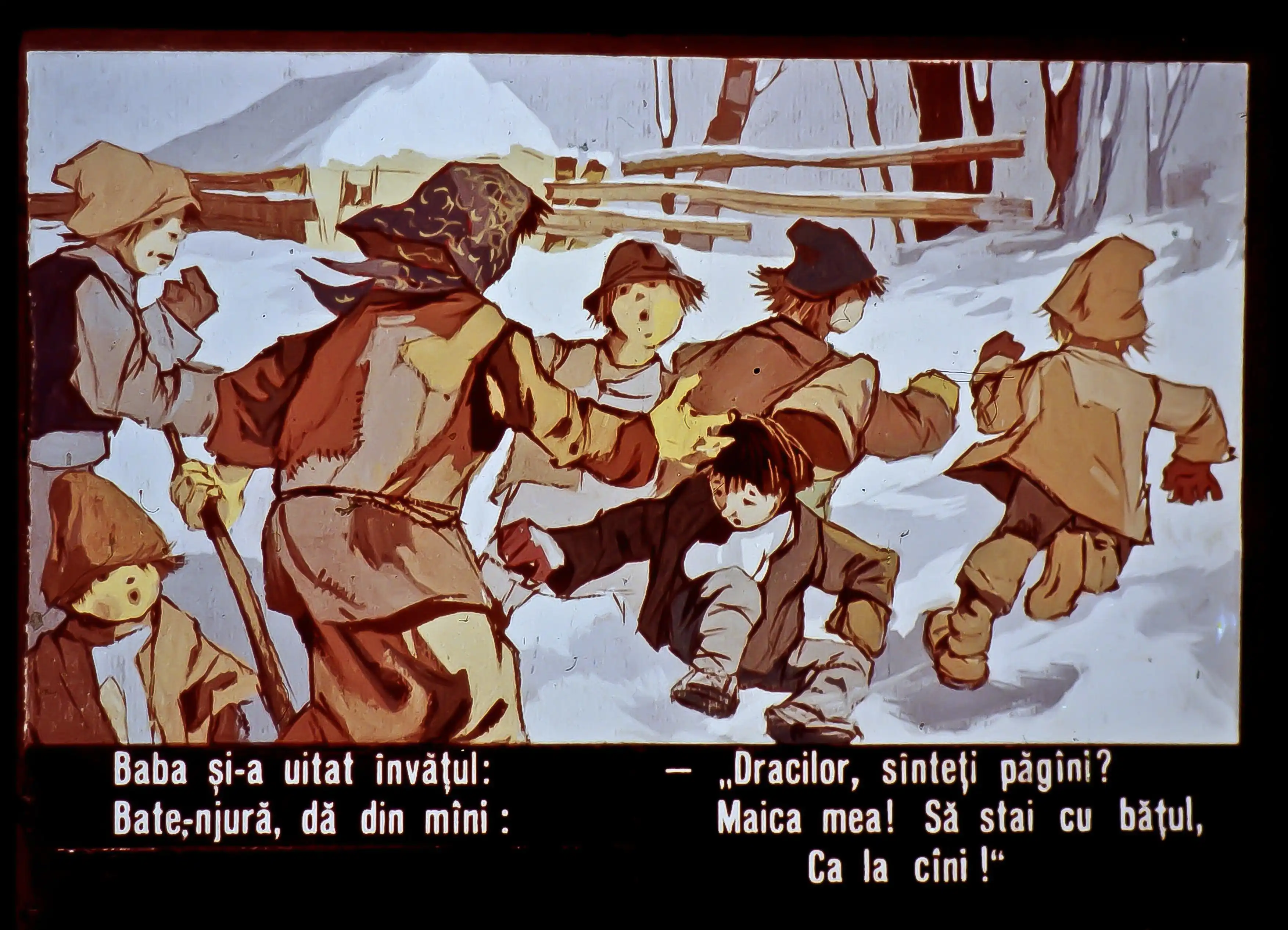 Ilustrație cu personaje în zăpadă, discutând între ele.