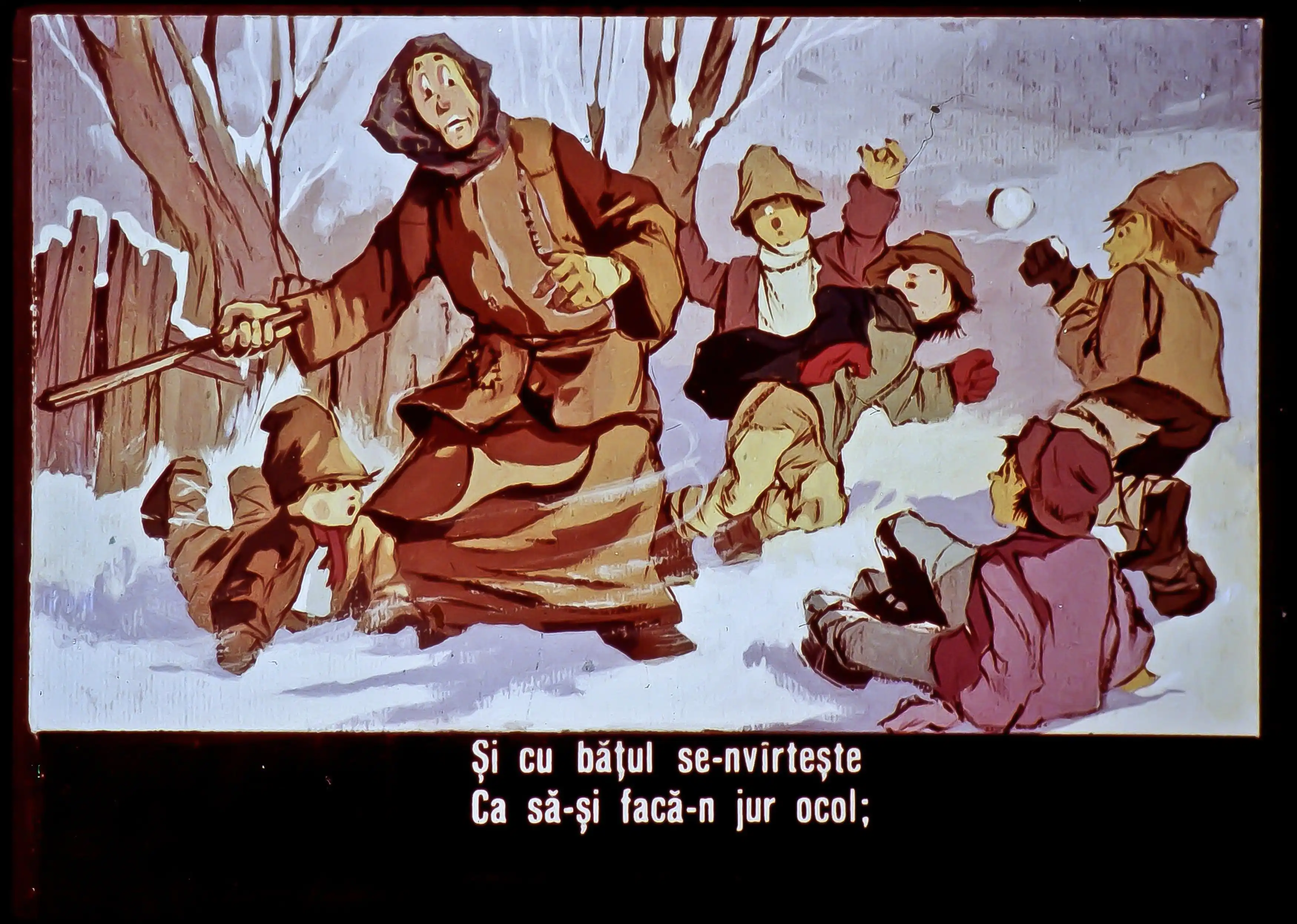 Ilustrație cu un bătrân și copii jucându-se în zăpadă, având text scris sub imagine.