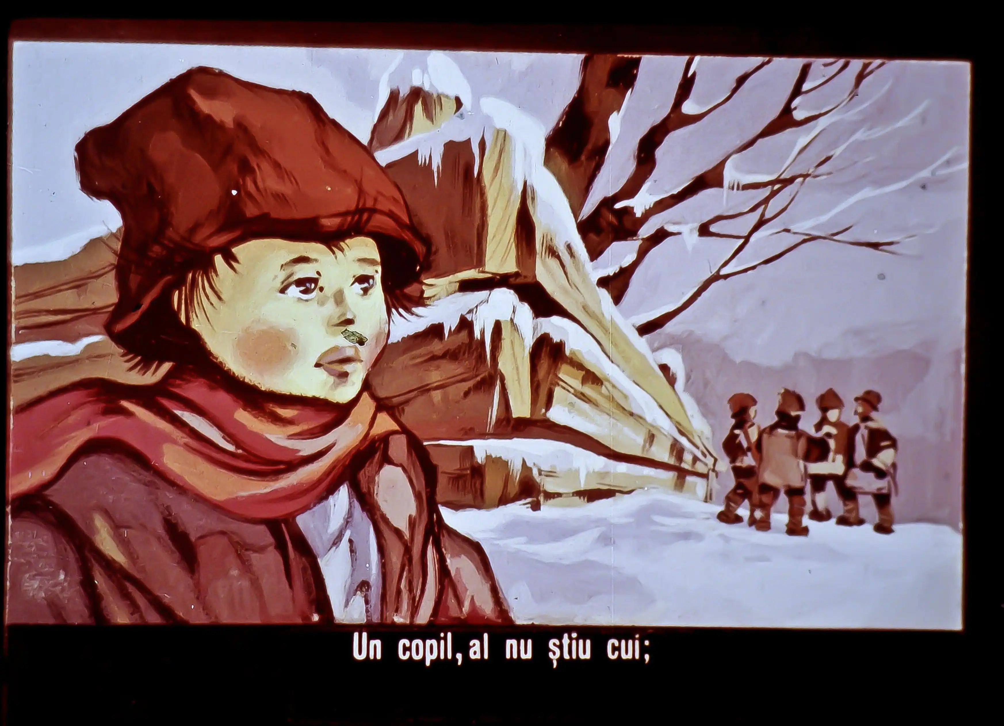 Ilustrație cu un copil într-un peisaj de iarnă, cu un grup de oameni în fundal.