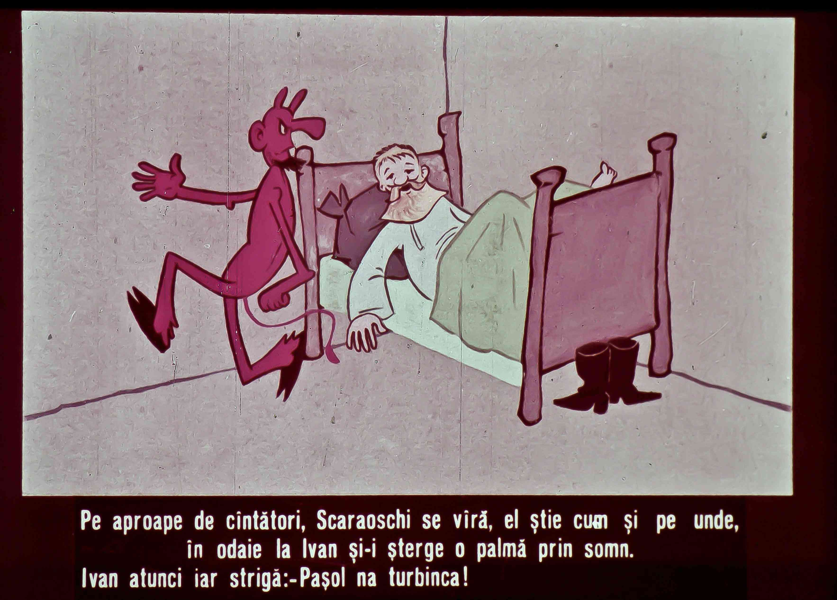Ilustrație animată cu un demon și un bărbat pe un pat, cu text în limba română.