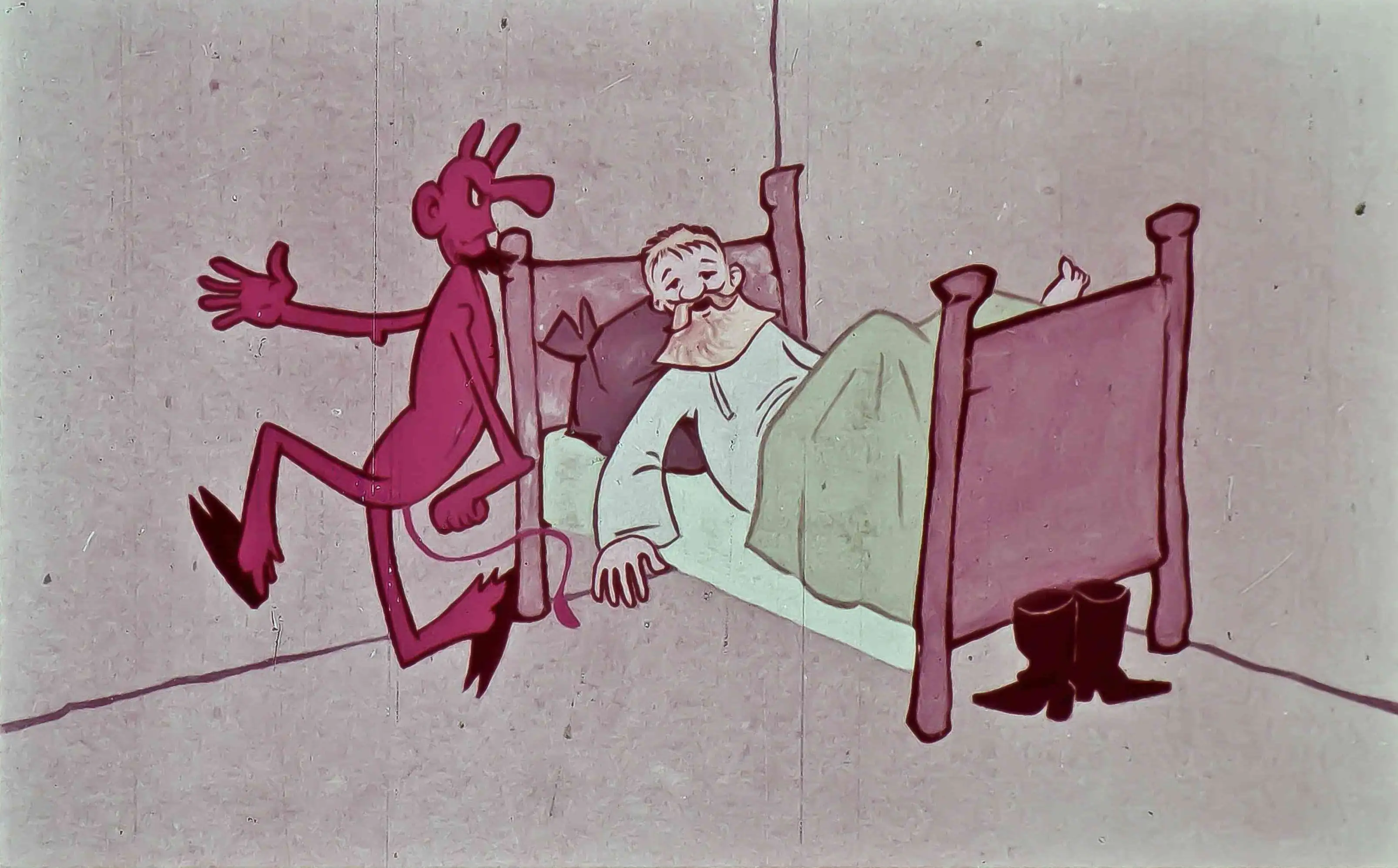 Ilustrație animată cu un demon și un bărbat pe un pat, cu text în limba română.