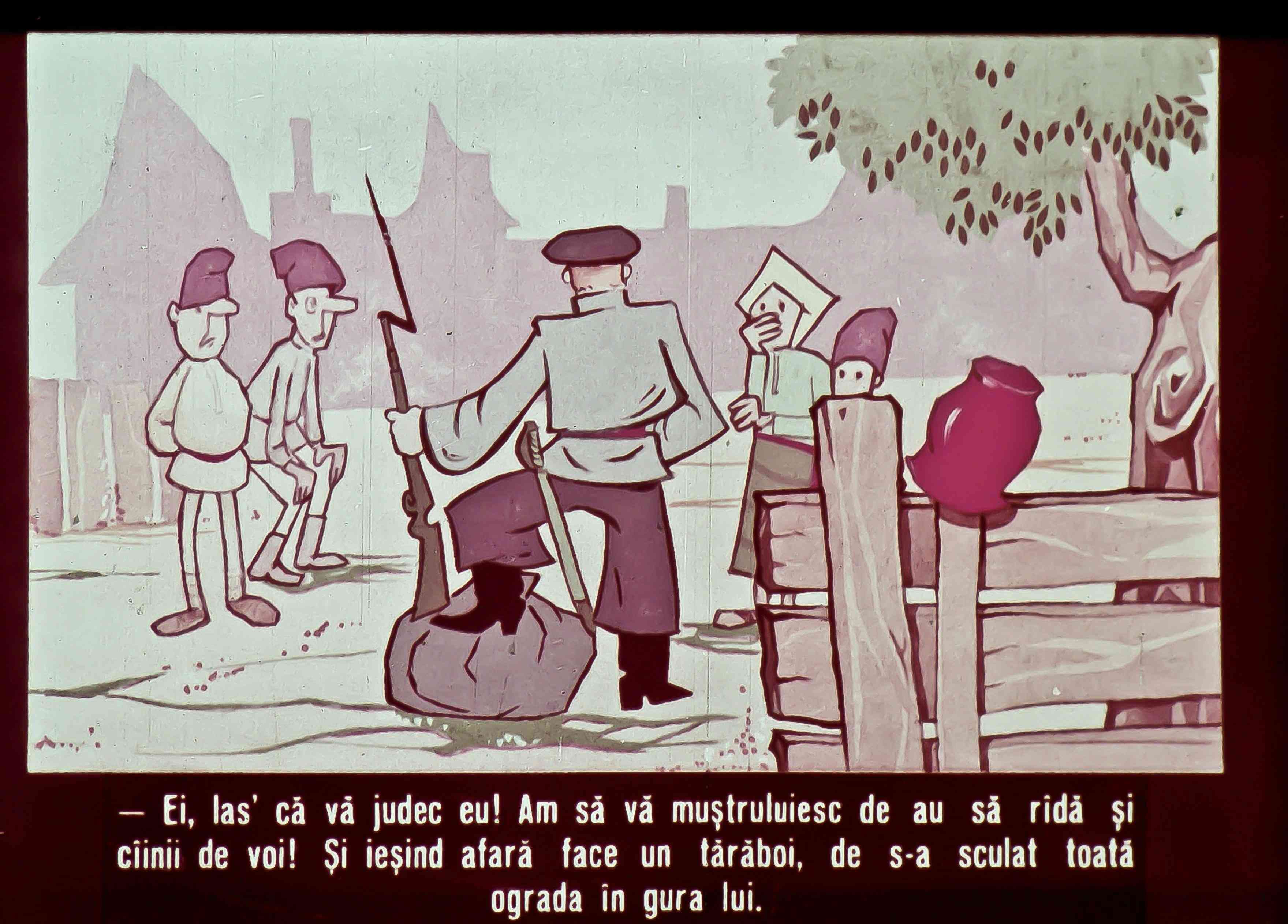 Ilustrație colorată cu un personaj central purtând uniformă și ținând un băț, discutând cu altele persoane într-un peisaj rural.