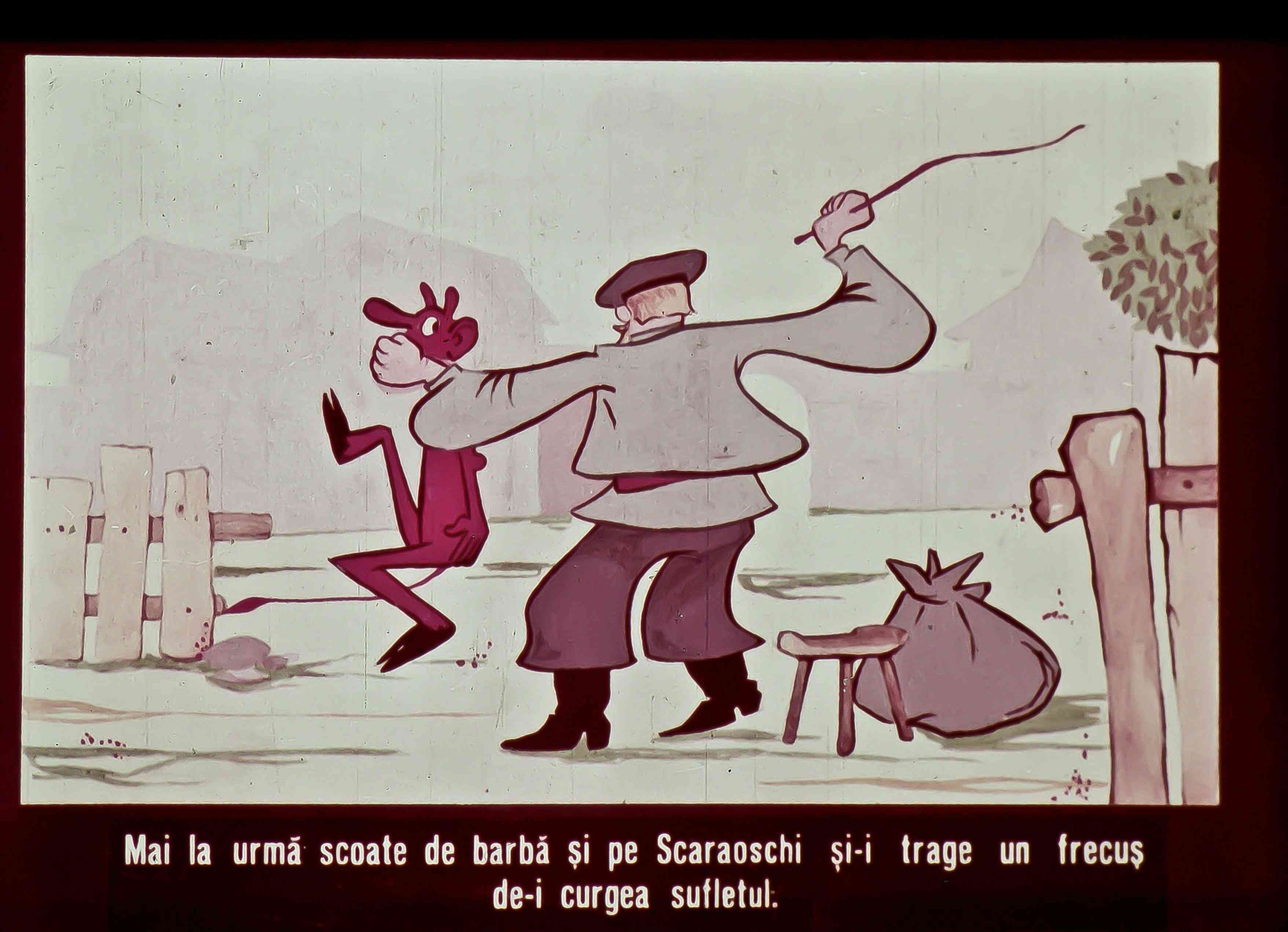 O scenă animată cu un bărbat care trage de un alt personaj, într-un peisaj simplist.