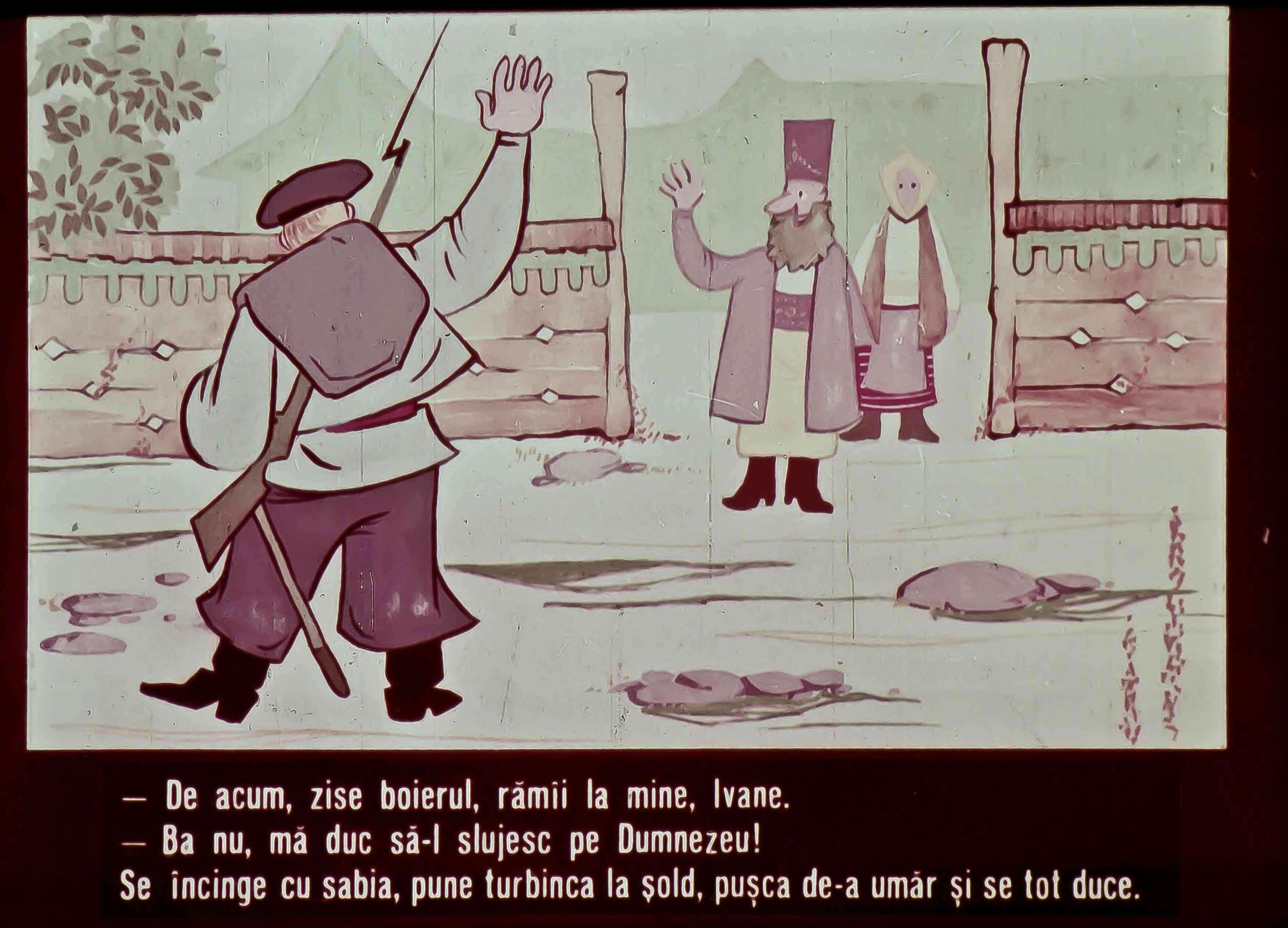 Ilustrație cu două personaje în discuție, unul este boierul care cere rămânerea lui Ivane, iar celălalt refuză, afirmând că se duce să slujească pe Dumnezeu. Contextul sugerează o poveste sau o legendă.