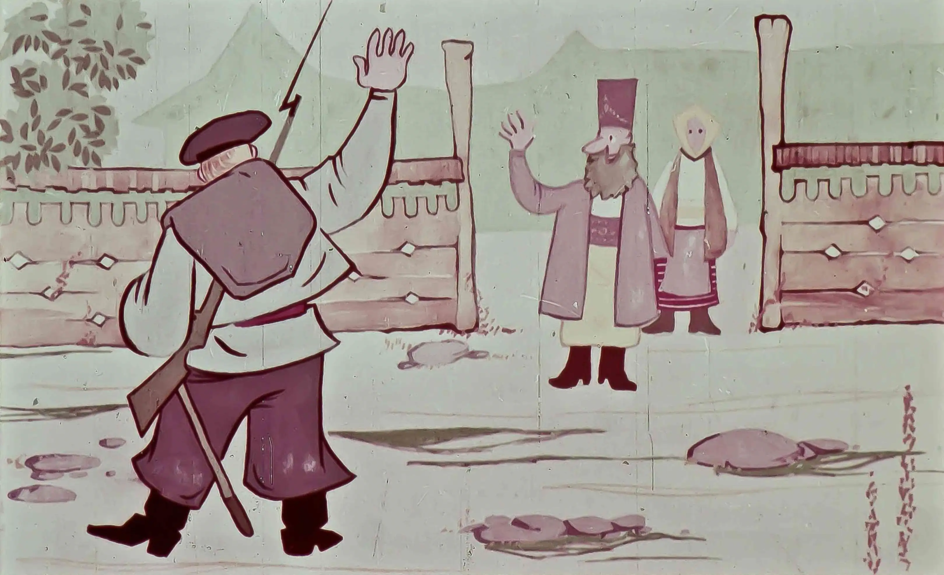 Ilustrație cu două personaje în discuție, unul este boierul care cere rămânerea lui Ivane, iar celălalt refuză, afirmând că se duce să slujească pe Dumnezeu. Contextul sugerează o poveste sau o legendă.