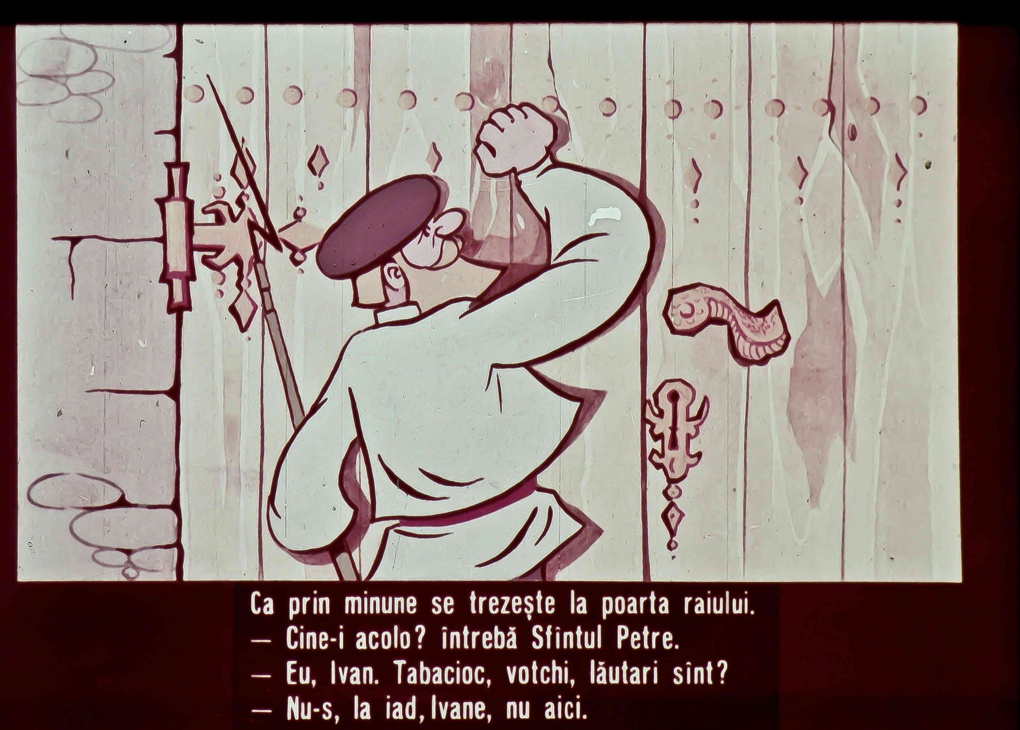 Ilustrație cu un personaj bătând la o poartă, având un dialog cu o voce din spate.