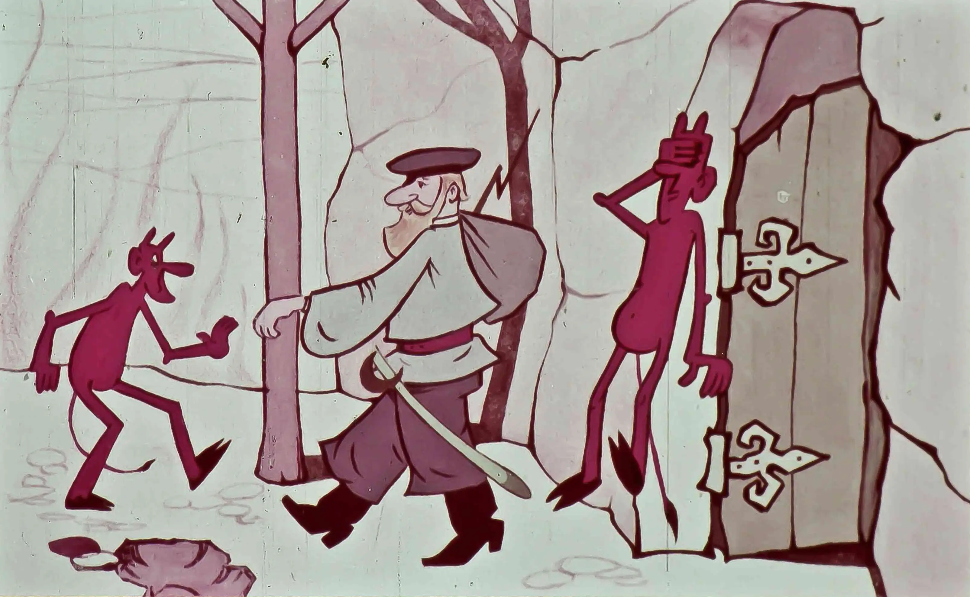 Imagine animată cu un personaj masculin în fața unei porți, cu două figuri fanteziste, una roșie și alta neagră, în fundal forestier.