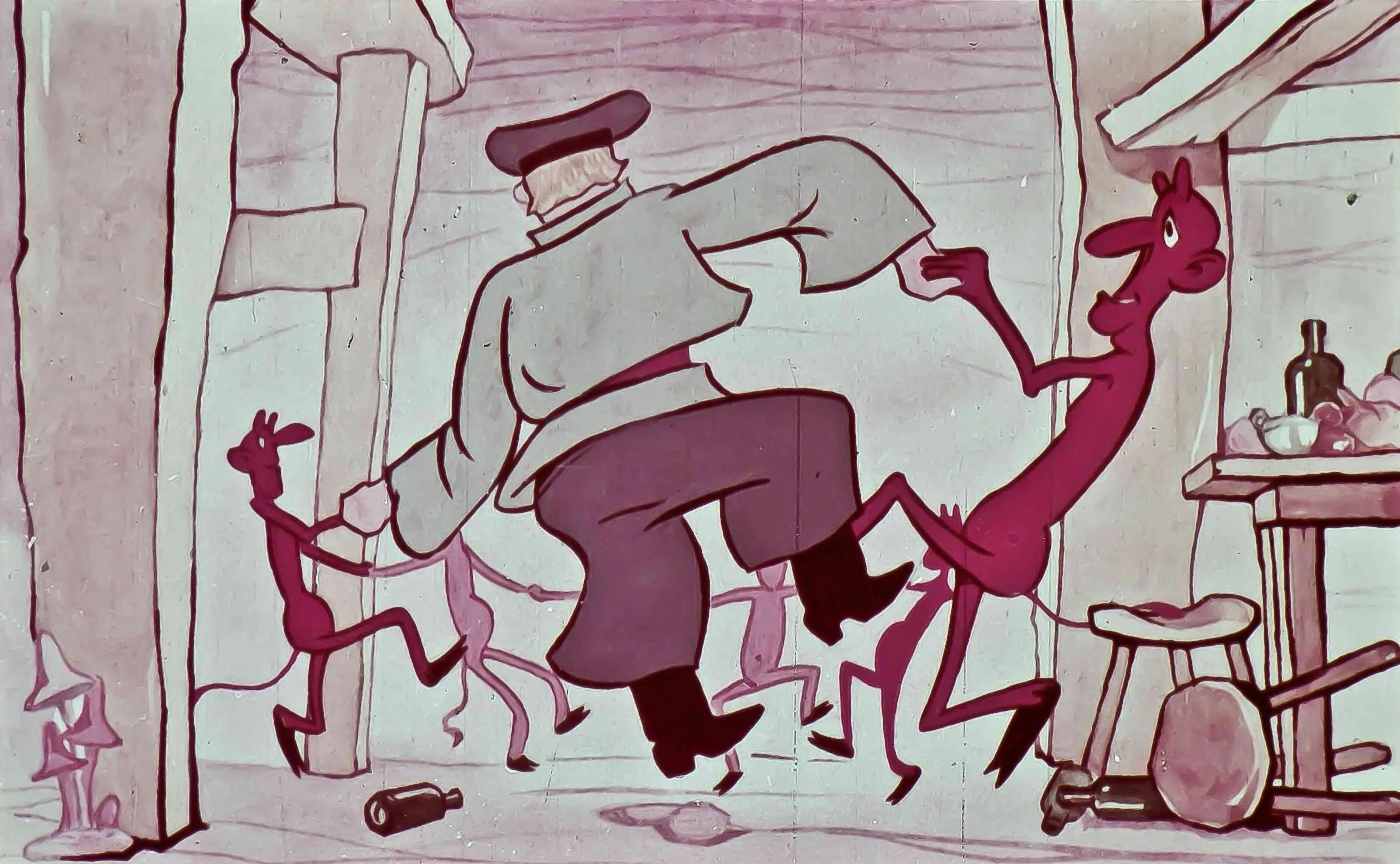 Ilustrație animată cu personaje fanteziste care dansează într-o încăpere rustică.