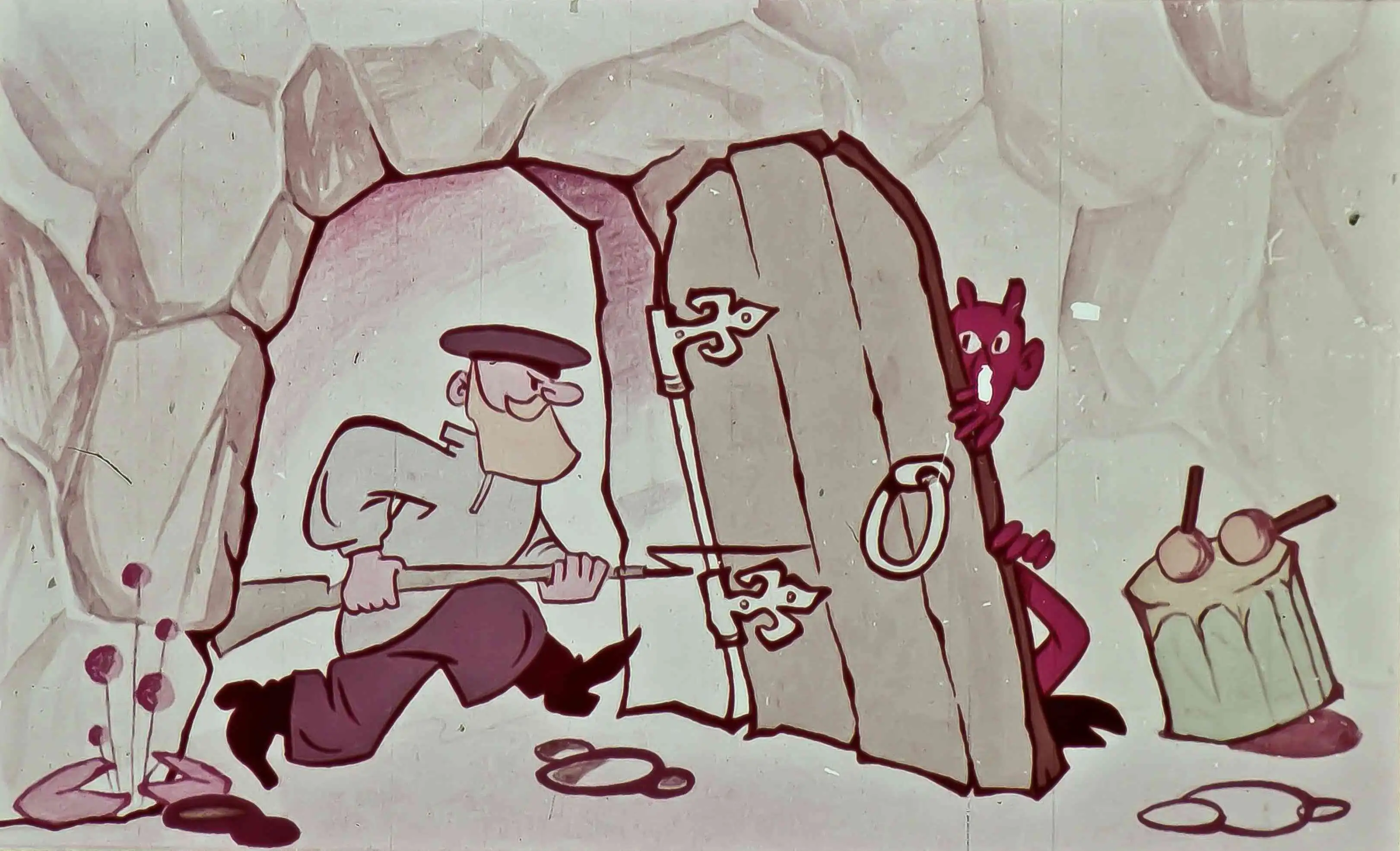 O scenă animată cu un bărbat care iese cu o pușcă, o ușă de piatră și o figură de diavol care observă acțiunea.