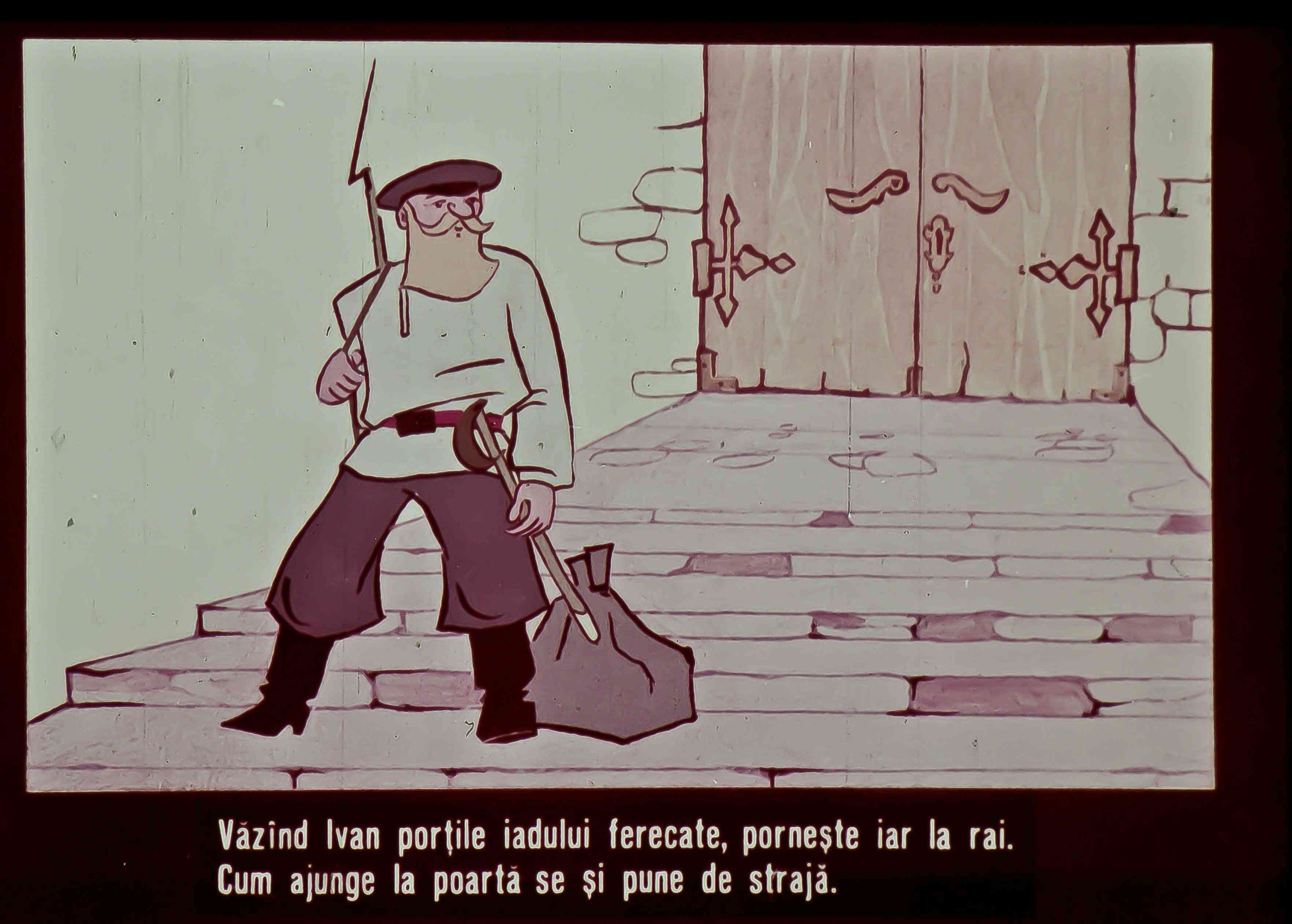 O ilustrație a unui bărbat cu o bâtă în mână, stând în fața unor porți mari, cu un peisaj simplificat în fundal.