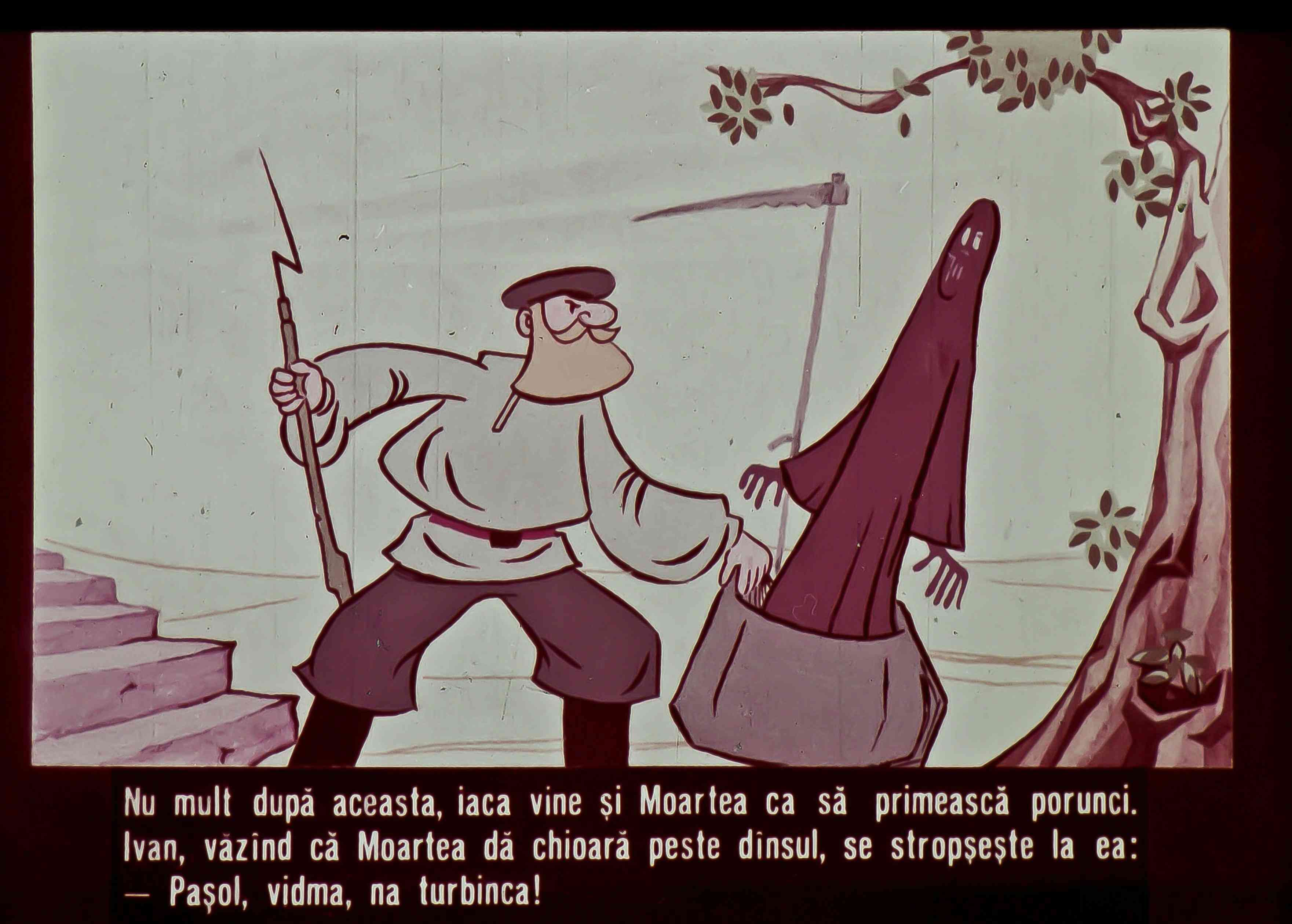 Ilustrație animată cu un personaj ținând un băț și un alt personaj acoperit, care interacționează într-un cadru care sugerează o conversație.