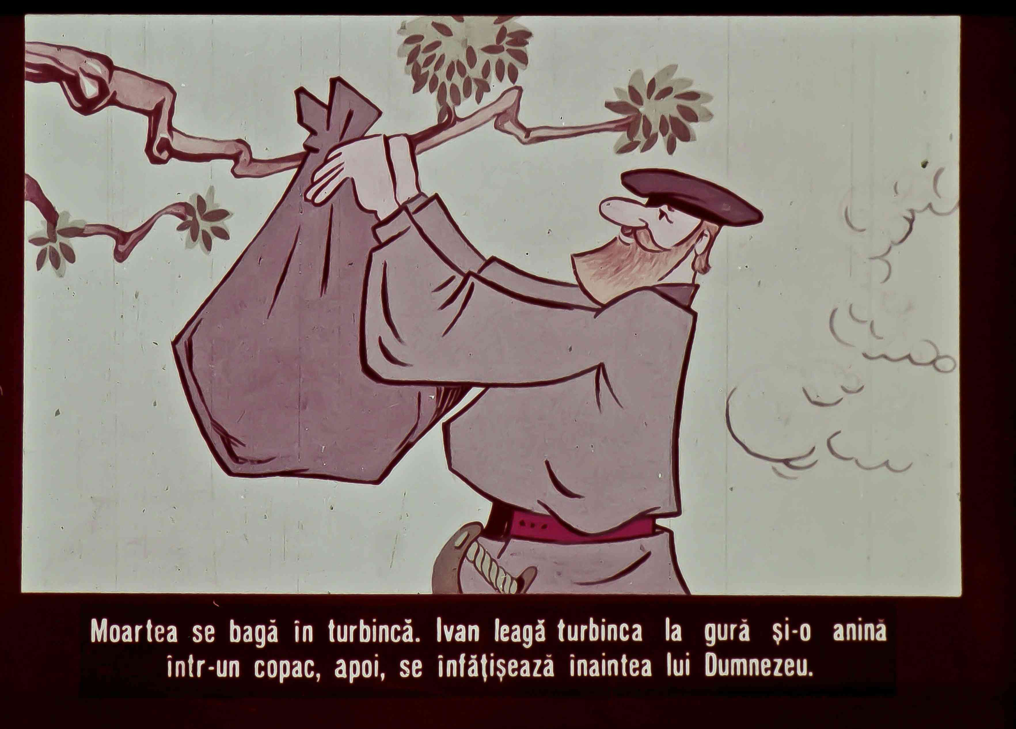 Ilustrație cu un bărbat care leagă un sac de o ramură de copac, cu text descriptiv în partea de jos.