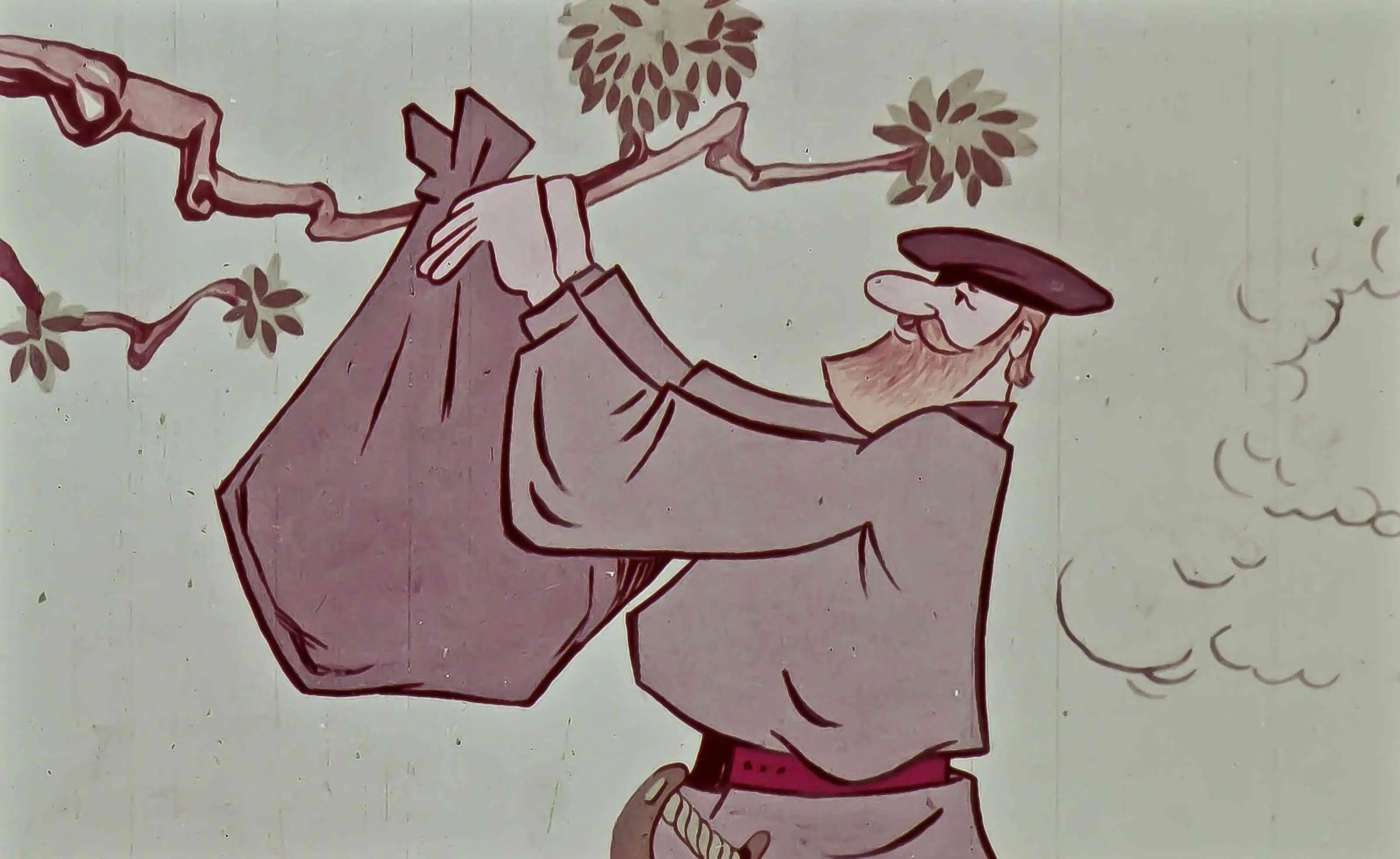 Ilustrație cu un bărbat care leagă un sac de o ramură de copac, cu text descriptiv în partea de jos.