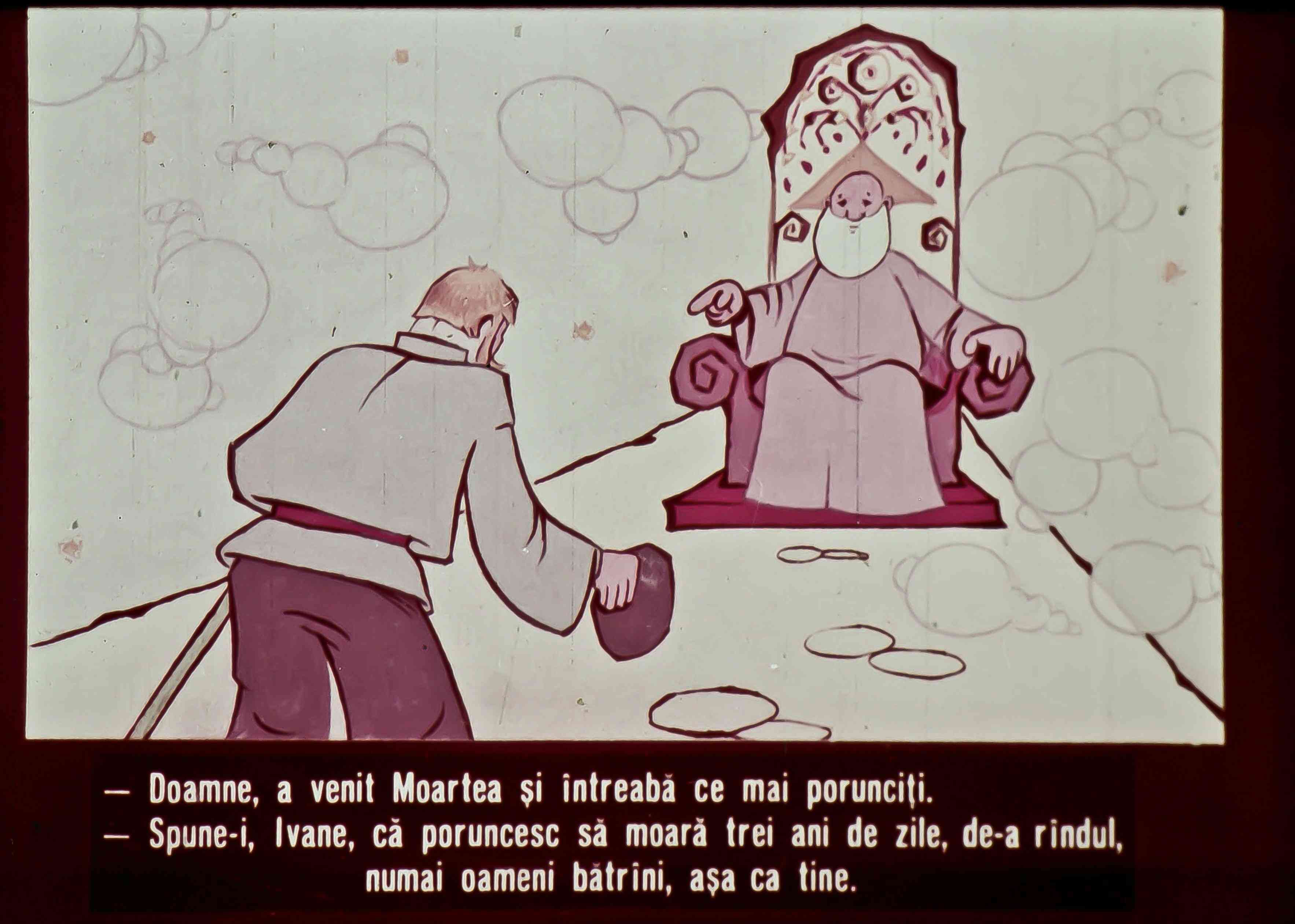 Ilustrație cu un bărbat în genunchi în fața unei ființe simbolice care pare a fi Moartea, discutând despre porunci.