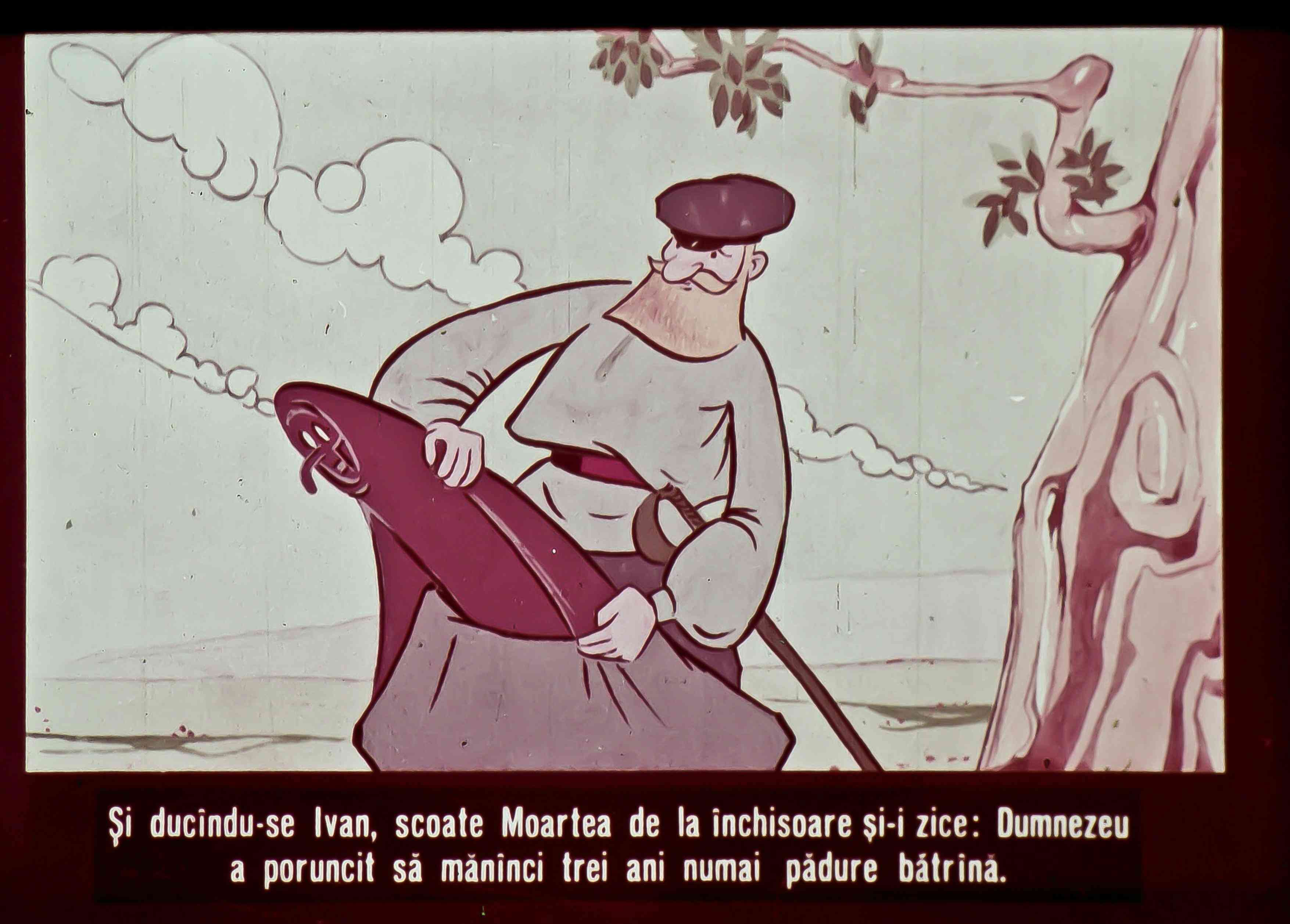 Un personaj de poveste care interacționează cu Moartea, cu un fundal natural și un copac.