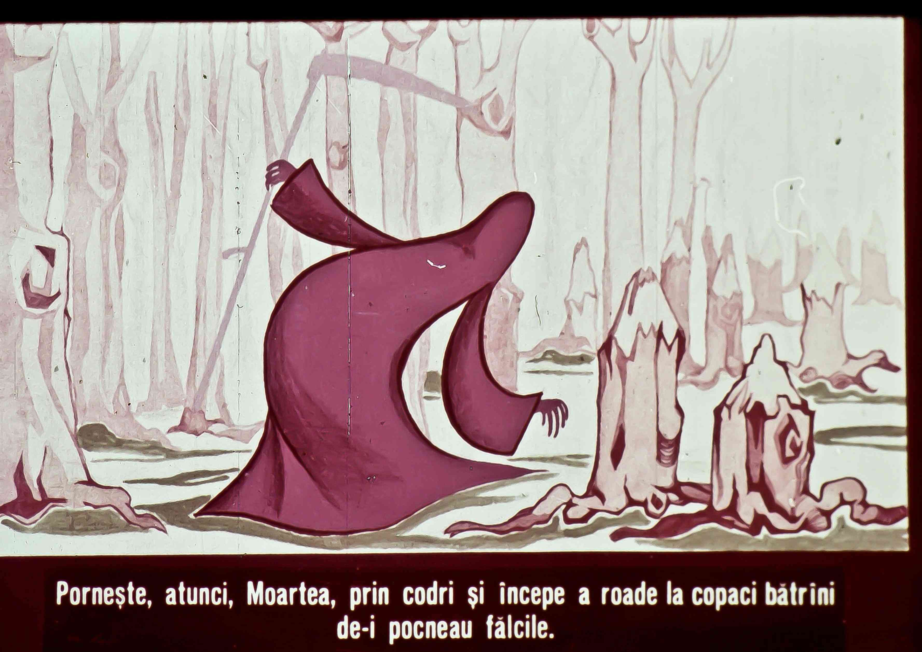 O ilustrație animată cu o figură stilizată reprezentând Moartea care se mișcă printr-o pădure, cu copaci bătrâni în fundal.