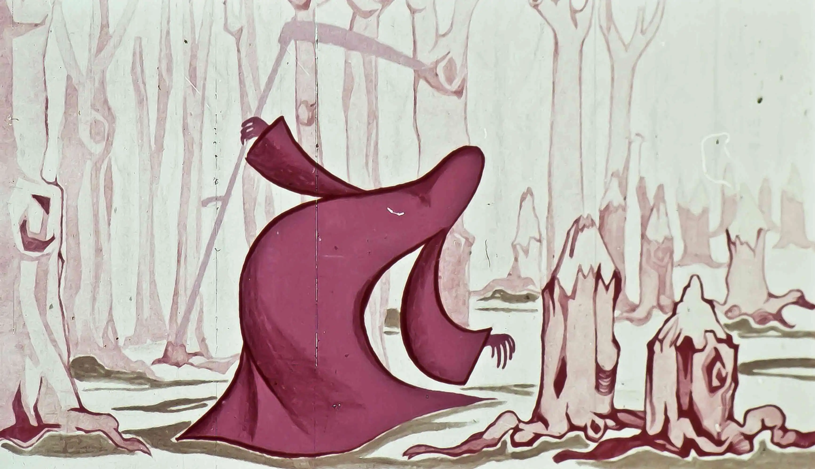 O ilustrație animată cu o figură stilizată reprezentând Moartea care se mișcă printr-o pădure, cu copaci bătrâni în fundal.