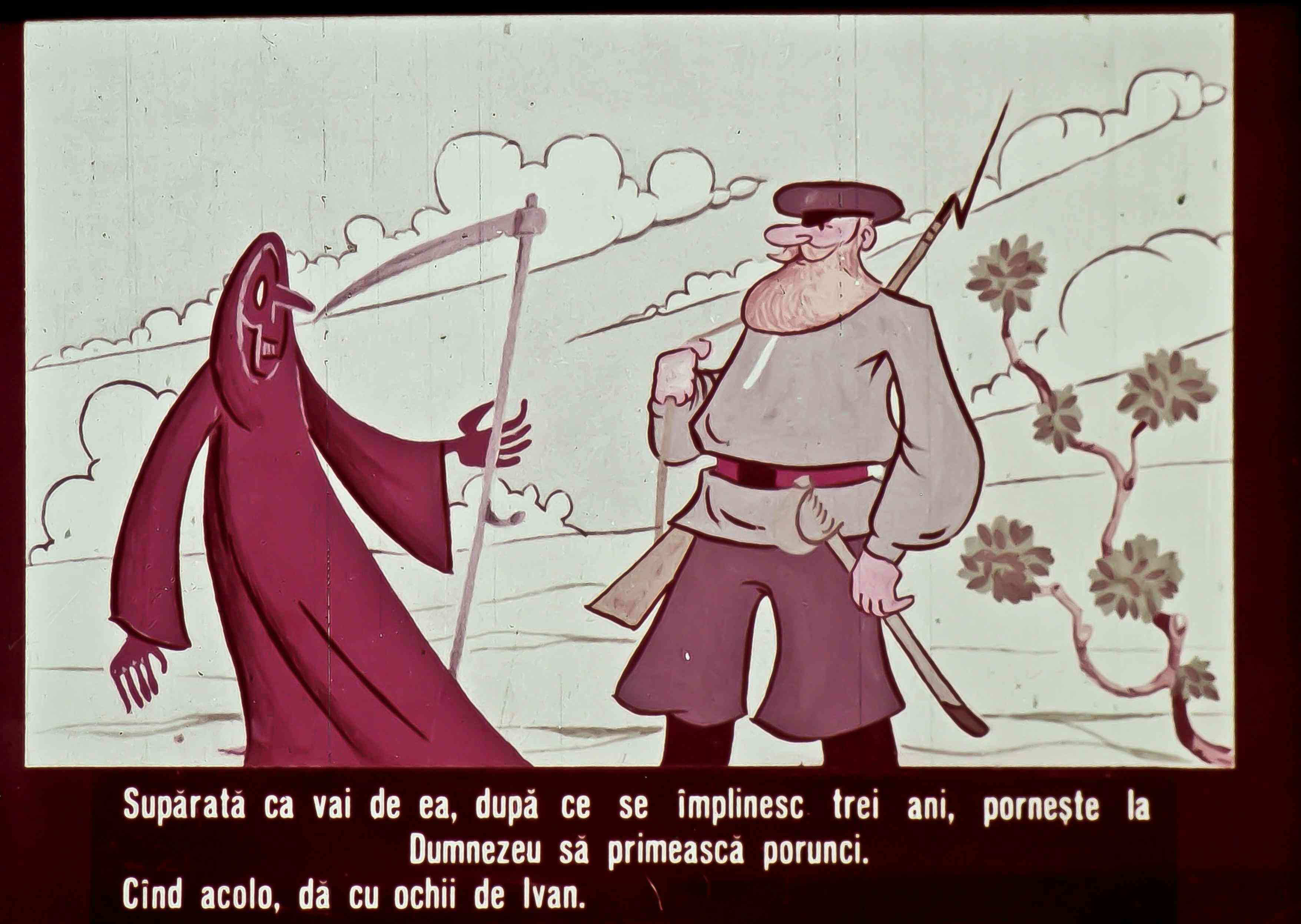 Imagine dintr-o poveste animată, cu un personaj misterios și un om cu barbă, care discută într-un peisaj cu nori și copaci.