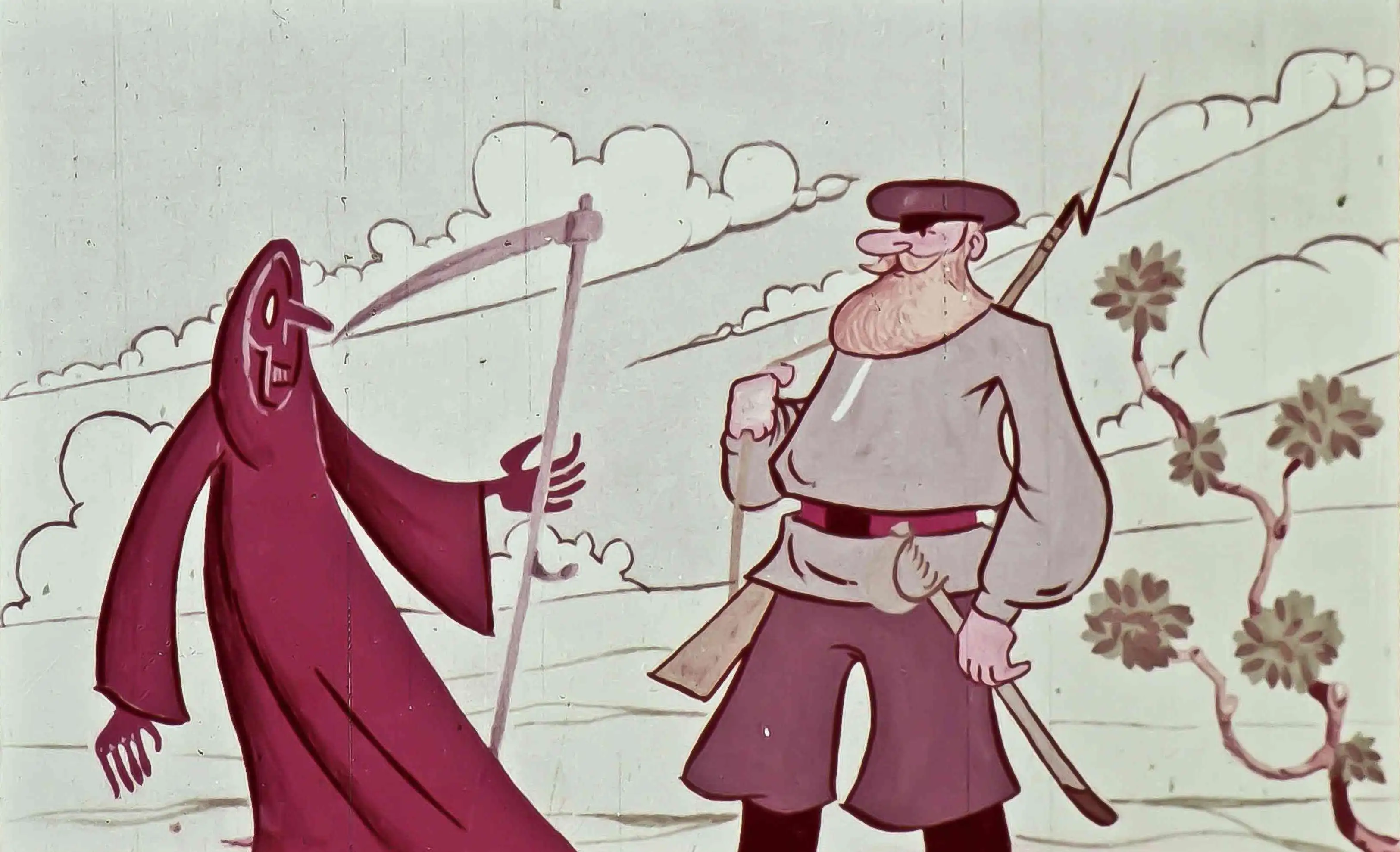 Imagine dintr-o poveste animată, cu un personaj misterios și un om cu barbă, care discută într-un peisaj cu nori și copaci.