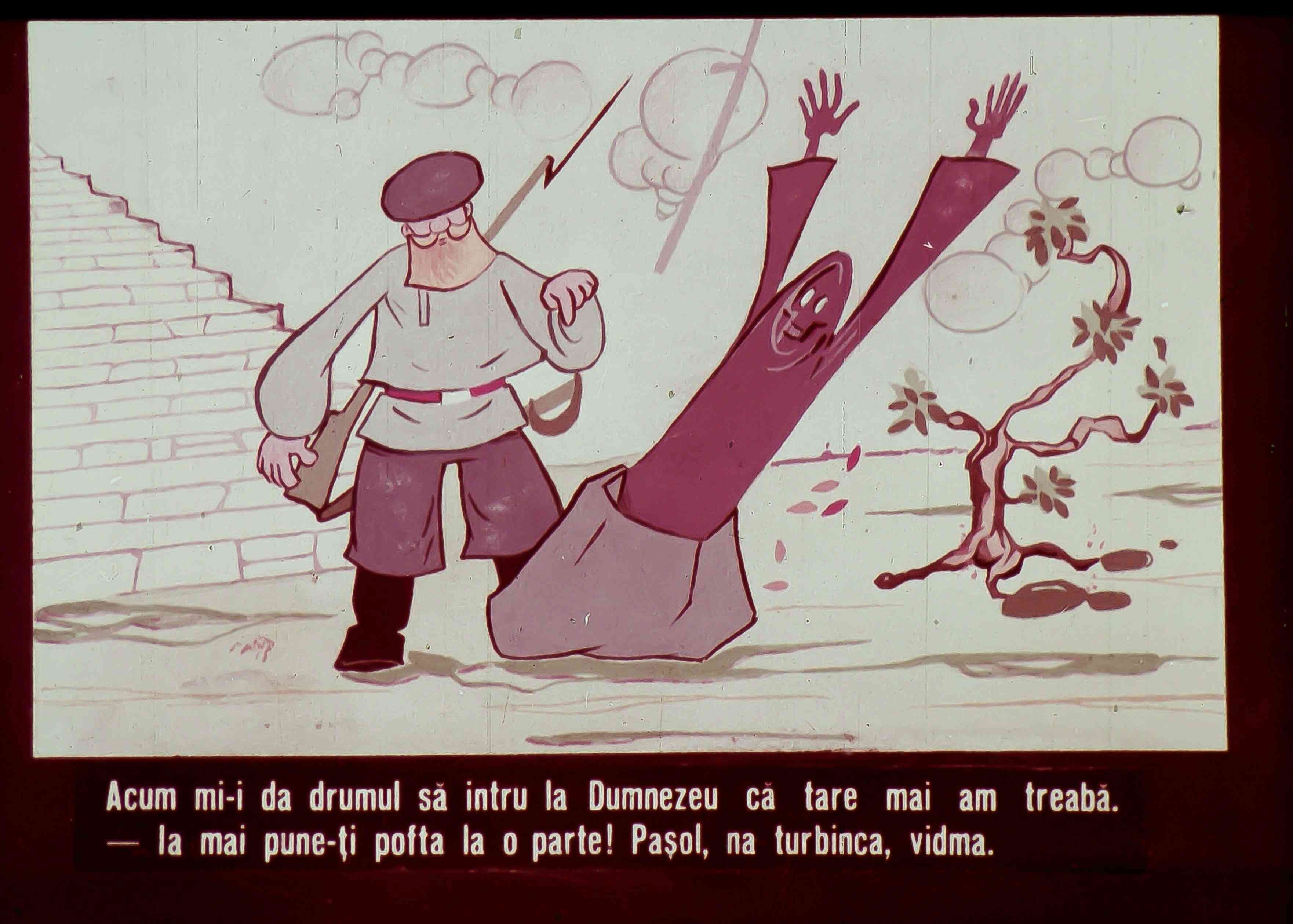 Ilustrație cu doi personaje, unul purtând un costum tradițional, iar celălalt având o apariție caricaturală, într-o scenă de dialog.