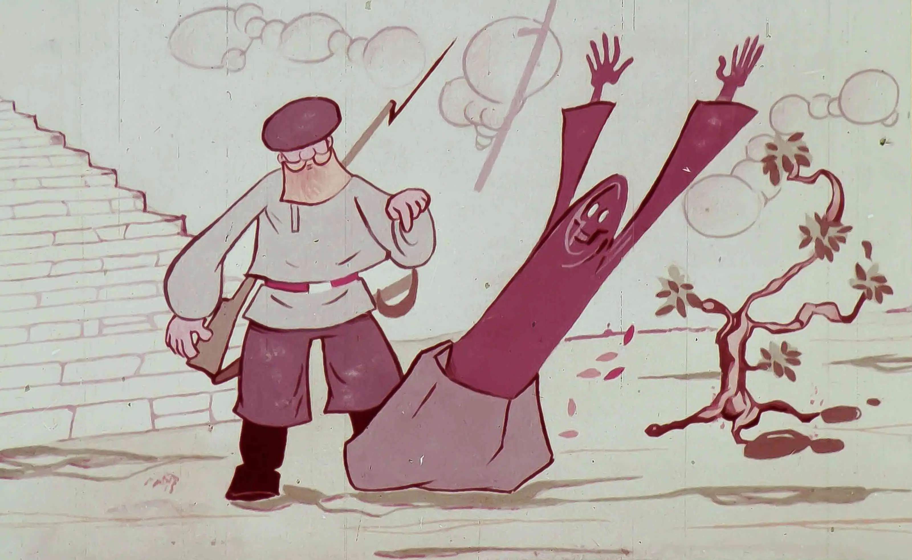 Ilustrație cu doi personaje, unul purtând un costum tradițional, iar celălalt având o apariție caricaturală, într-o scenă de dialog.