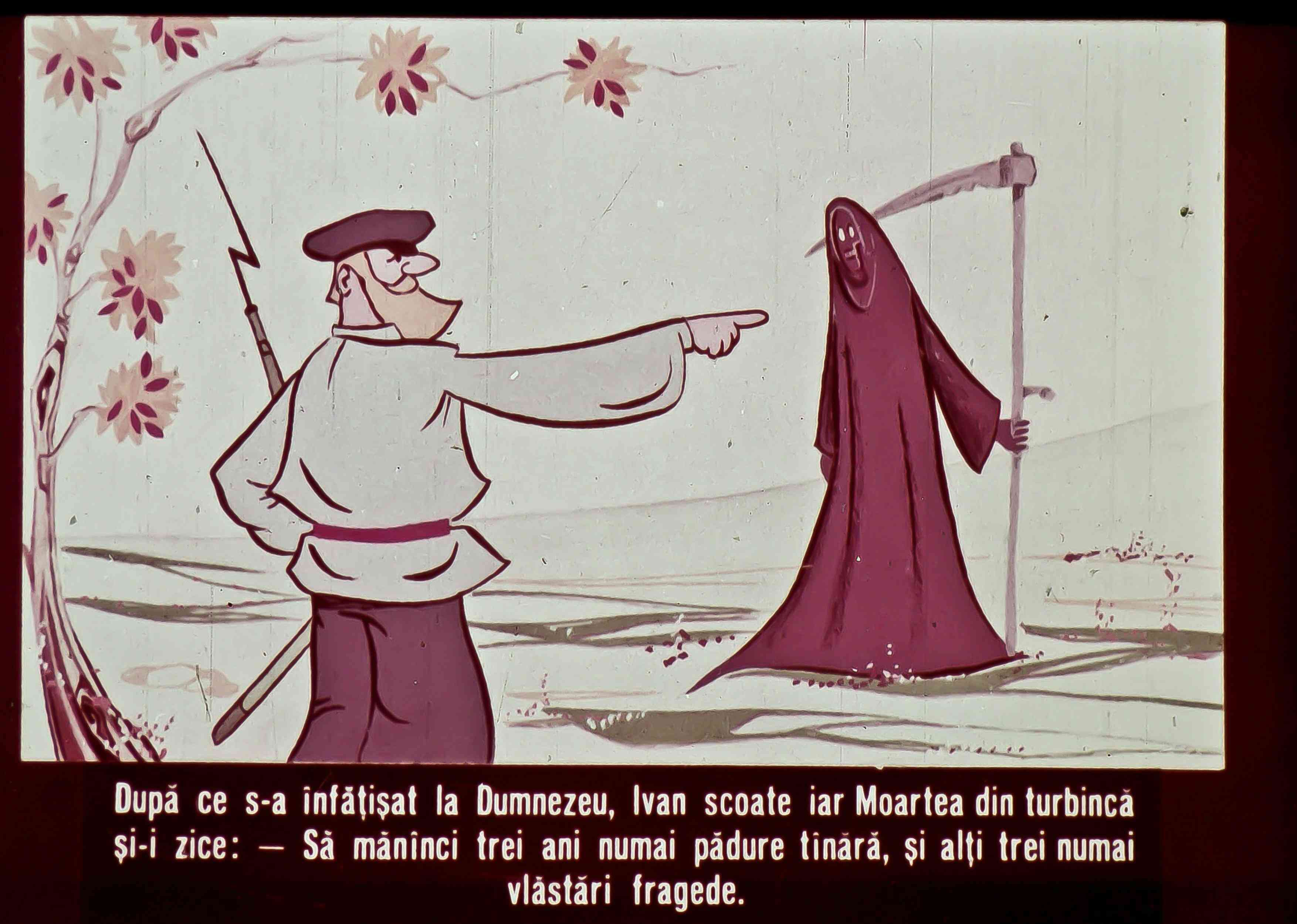 Ilustrație animată cu un personaj care îi vorbește Moartea, exprimând un mesaj despre viață și natură.