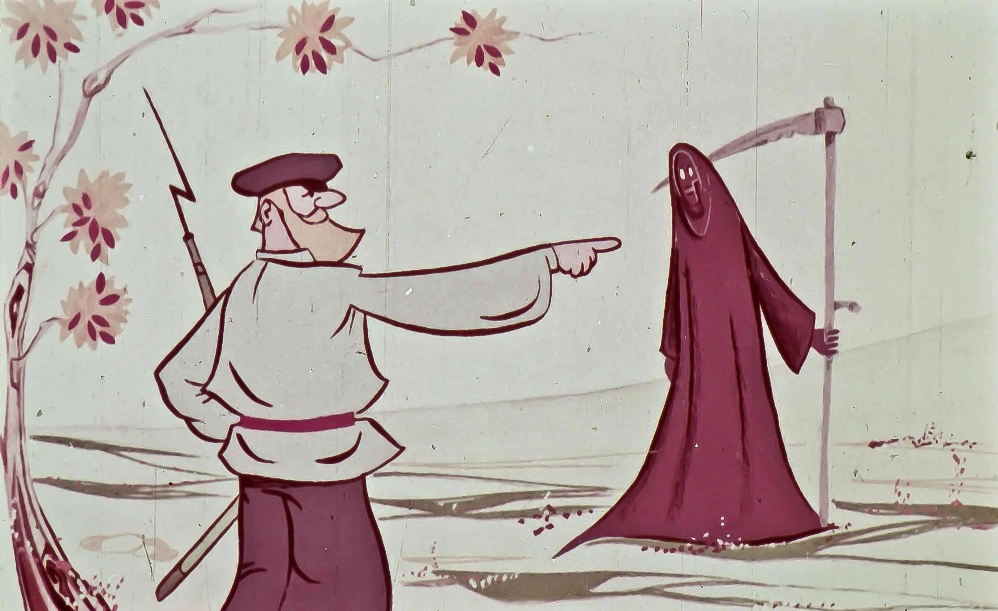 Ilustrație animată cu un personaj care îi vorbește Moartea, exprimând un mesaj despre viață și natură.