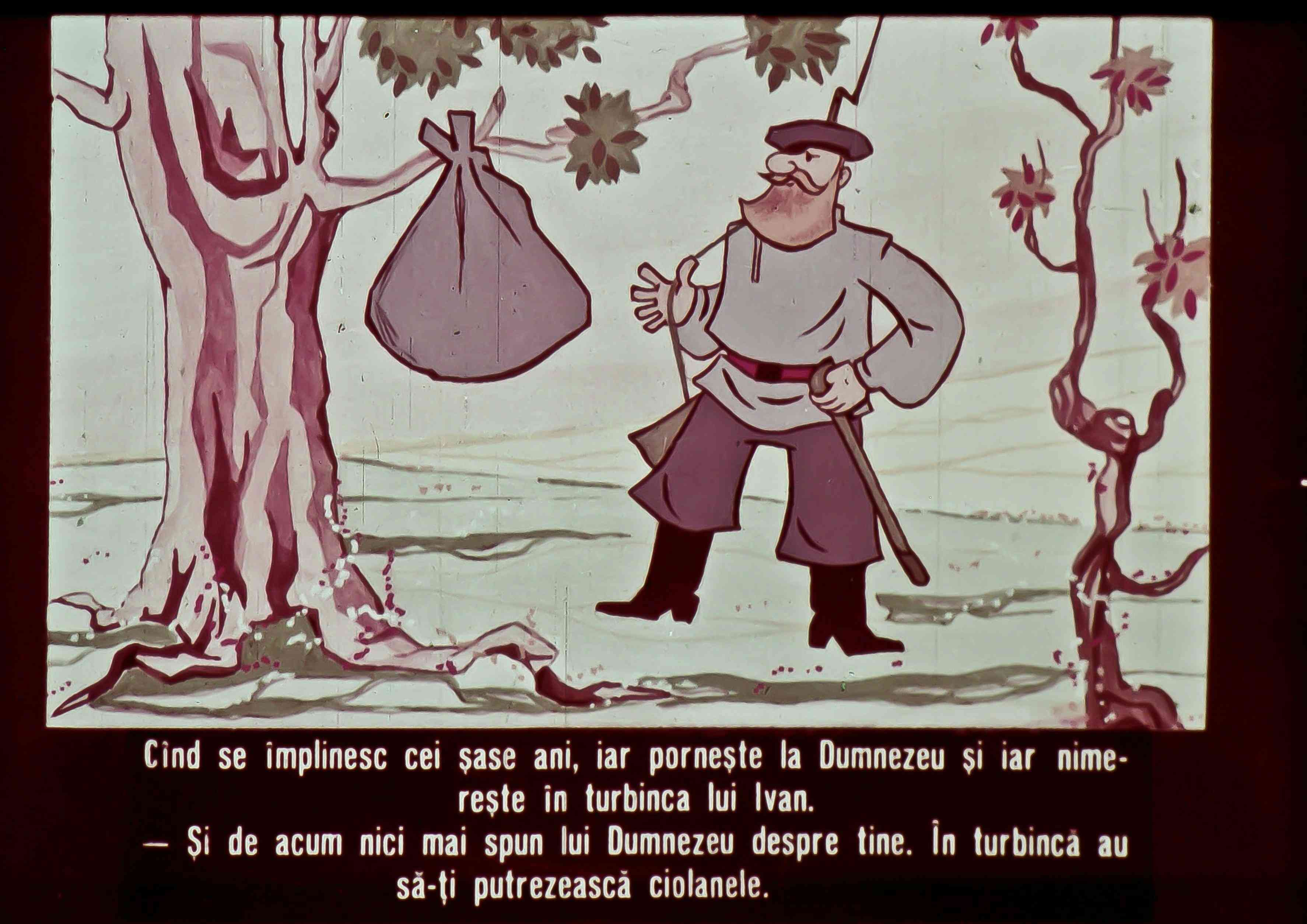 Imagine ilustrată cu un bărbat stând lângă un copac, ținând un sac, și text în partea inferioară care vorbește despre interacțiuni cu Dumnezeu.