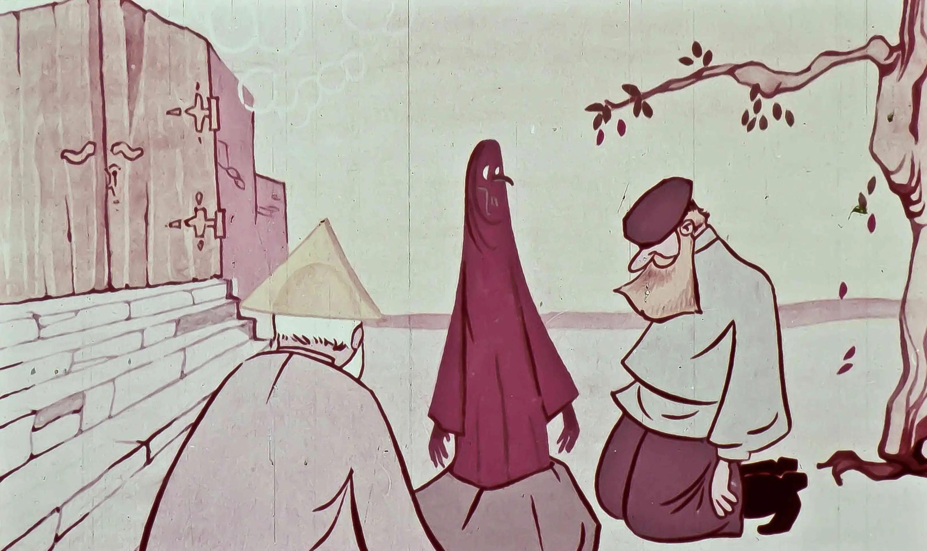 O scenă animată cu trei personaje, una purtând o mantie, într-un decor simplu, prezentând un moment narativ despre soarta vieții.