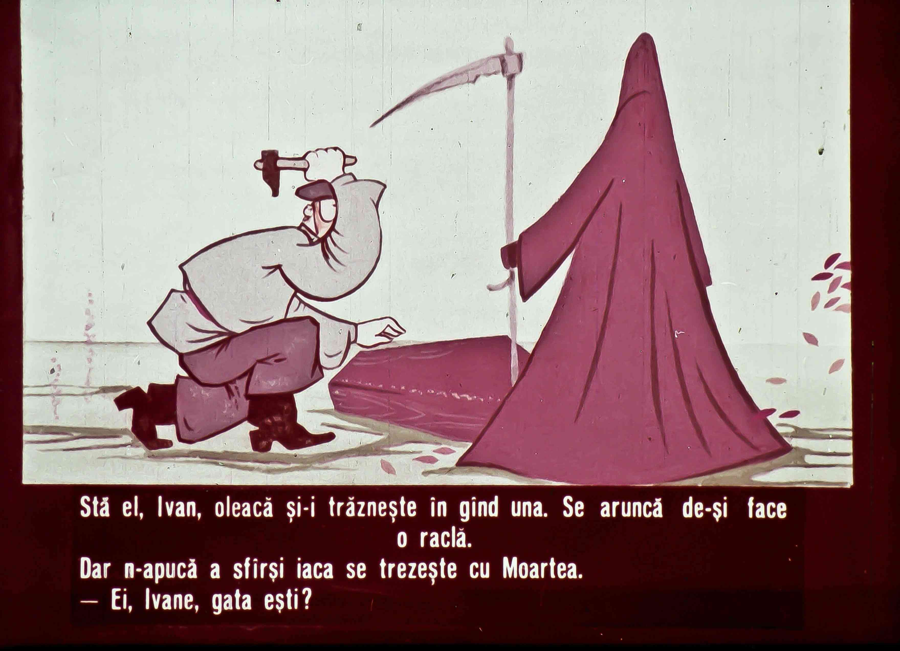 Ilustrație comică cu un bărbat îngenunchiat, pregătind o raclă, și o figură misterioasă în mantie, reprezentând Moartea.