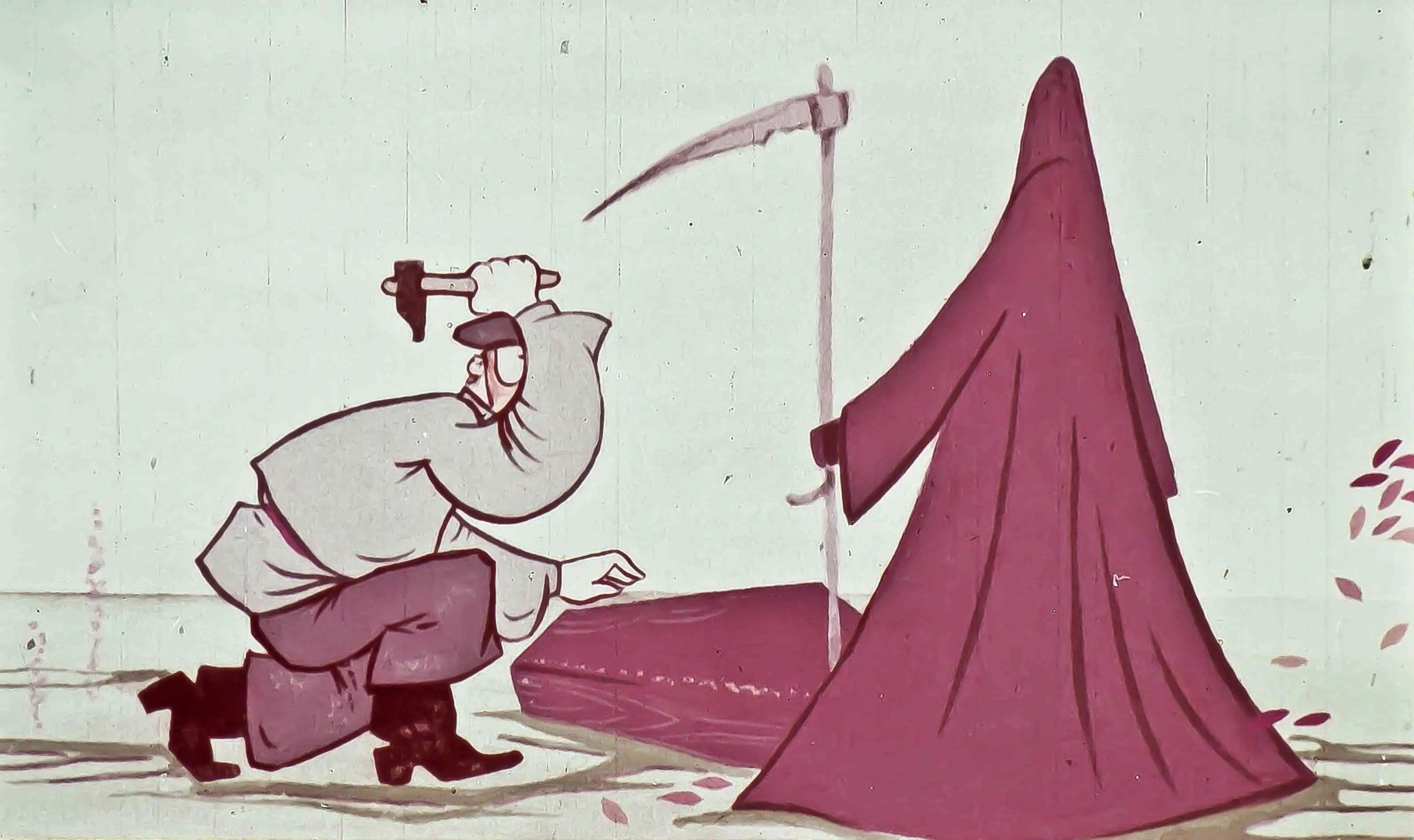 Ilustrație comică cu un bărbat îngenunchiat, pregătind o raclă, și o figură misterioasă în mantie, reprezentând Moartea.