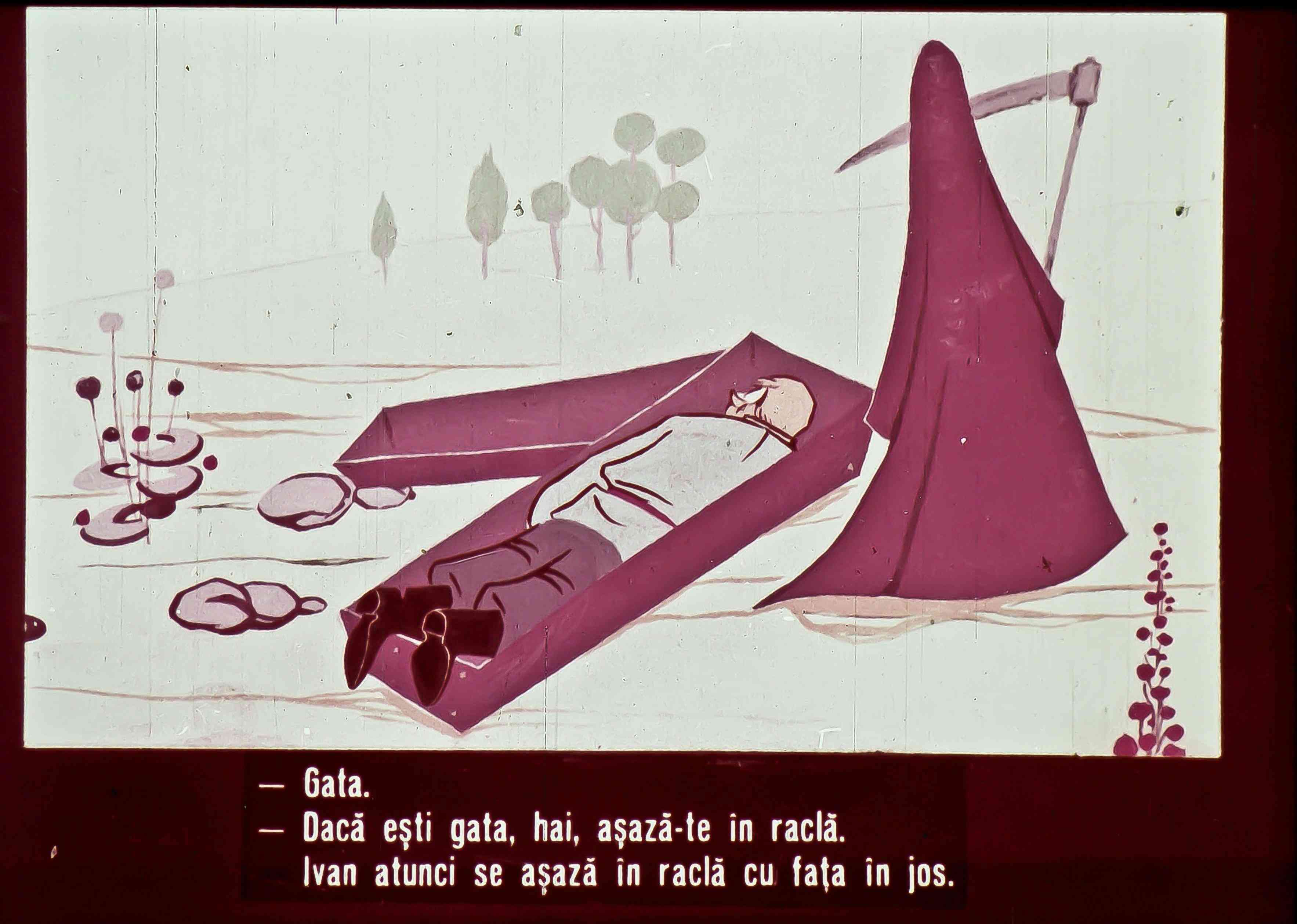 Imagine ilustrează un dialog între două personaje, unul stând lângă un corp întins în raclă, cu text explicativ situat în partea de jos.