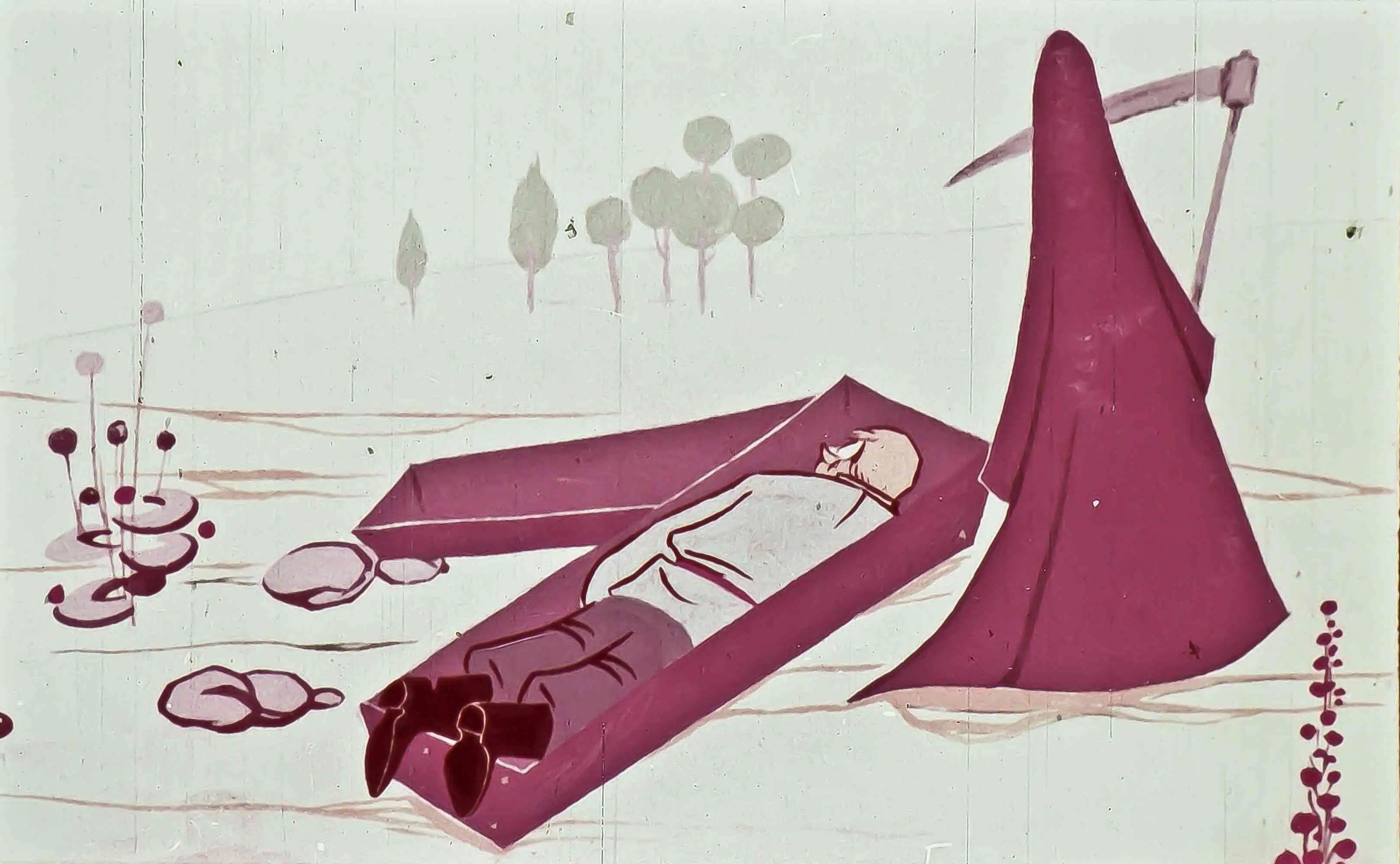 Imagine ilustrează un dialog între două personaje, unul stând lângă un corp întins în raclă, cu text explicativ situat în partea de jos.