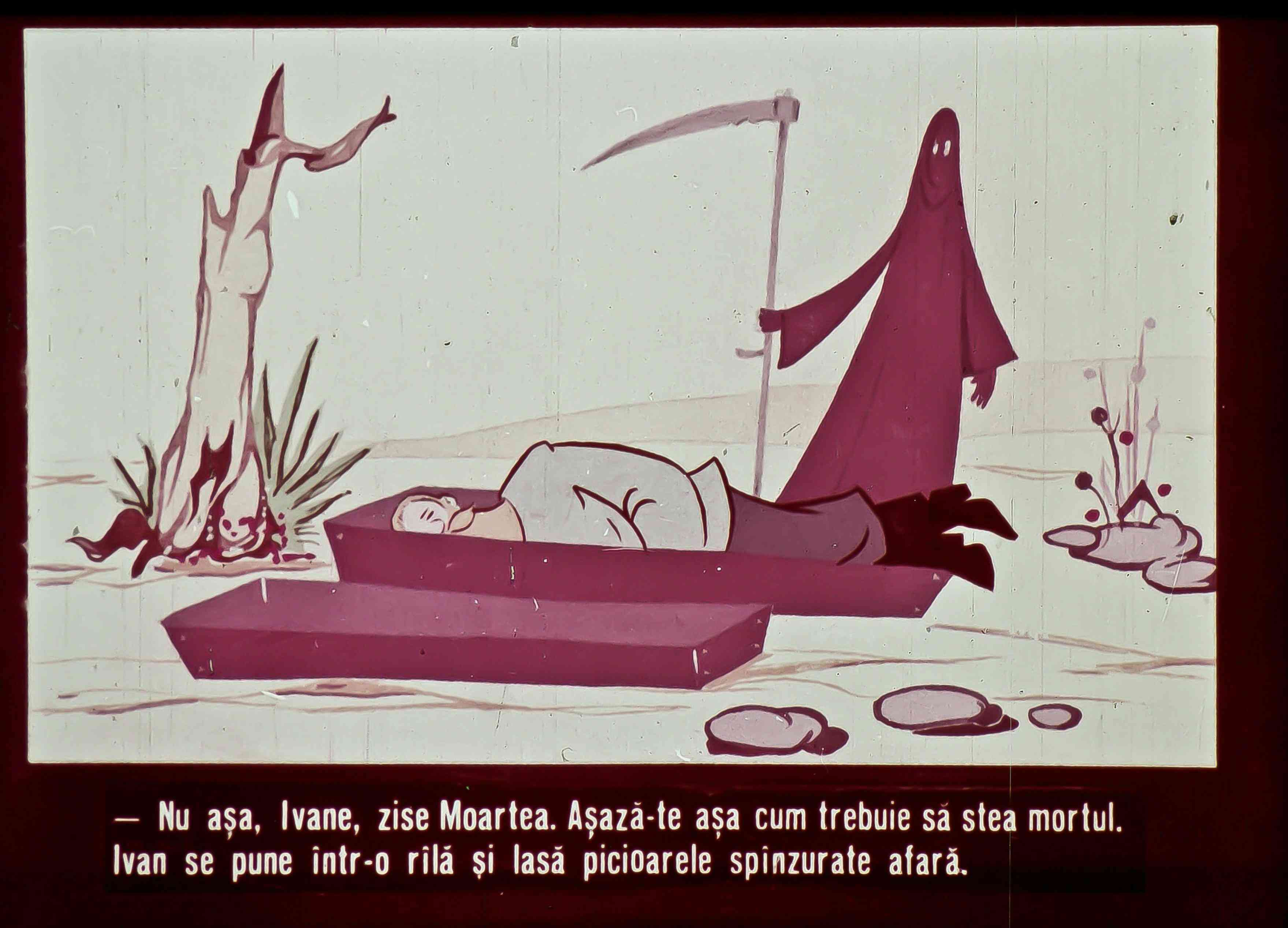 Imagine ilustrativă cu două personaje, unul îmbrăcat în negru și altul care zace pe o platformă, într-un peisaj simplificat.