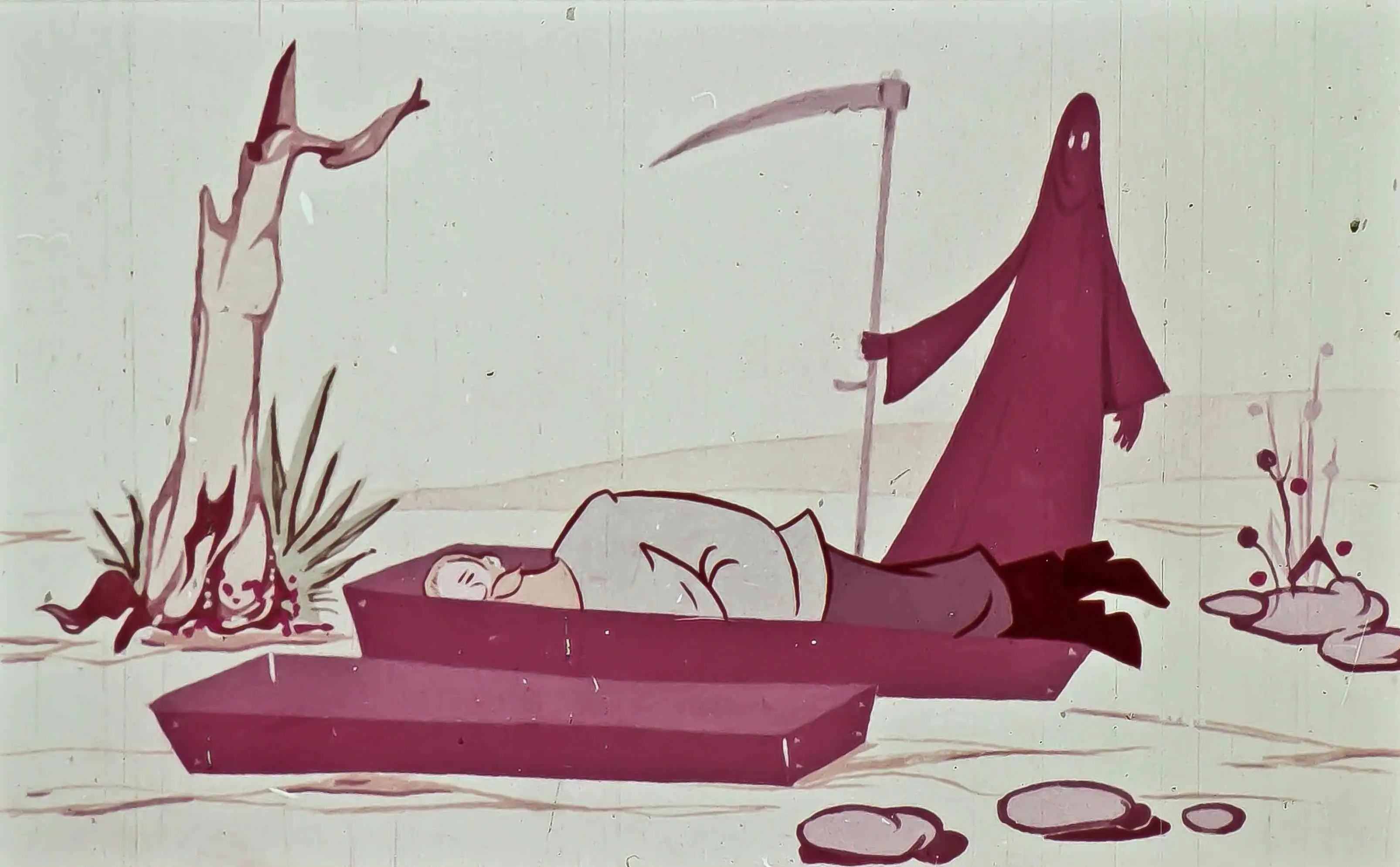 Imagine ilustrativă cu două personaje, unul îmbrăcat în negru și altul care zace pe o platformă, într-un peisaj simplificat.