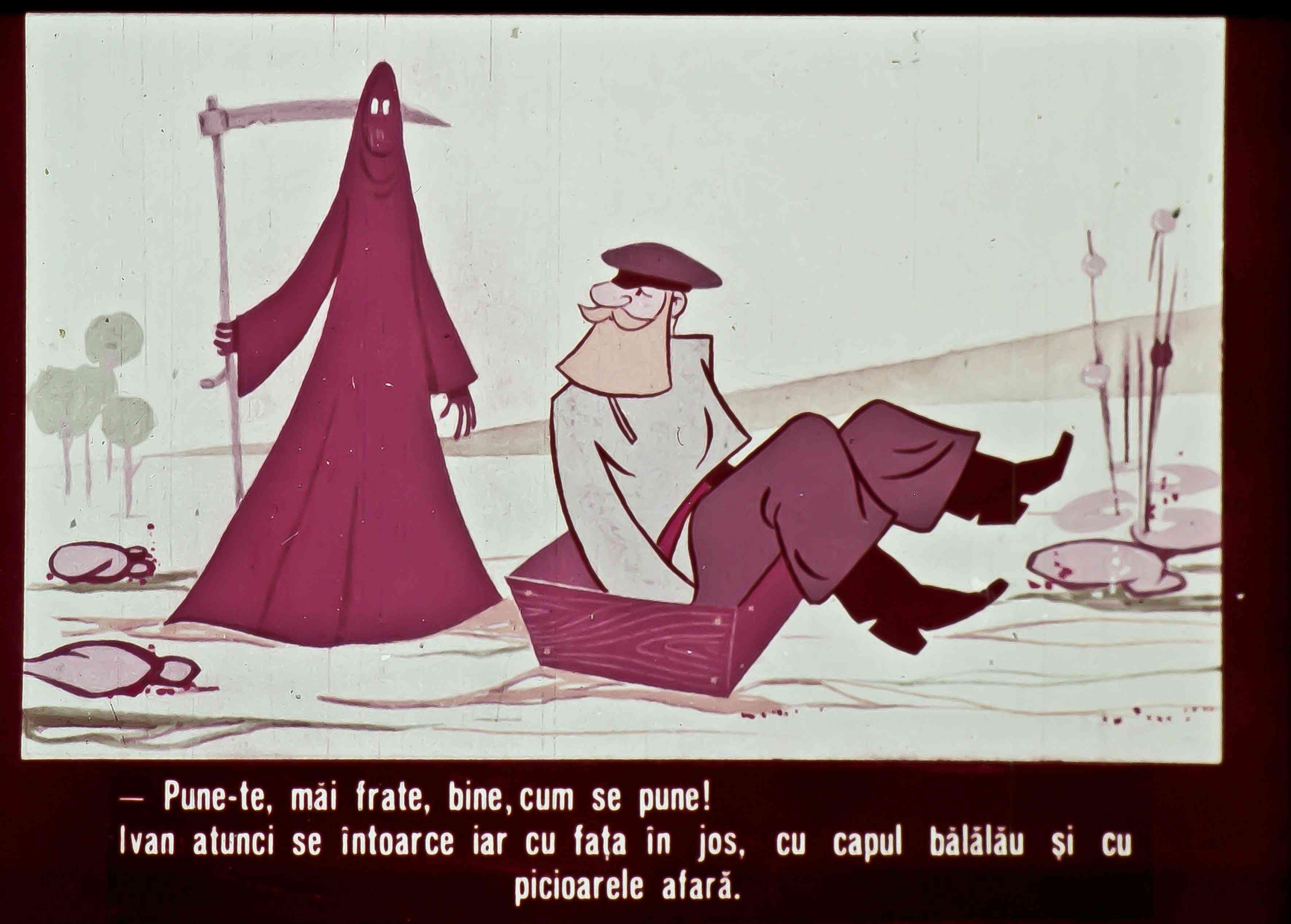 O ilustrație animată cu un personaj îmbrăcat în roșu și un alt personaj cu barbă, care stă într-o ladă.