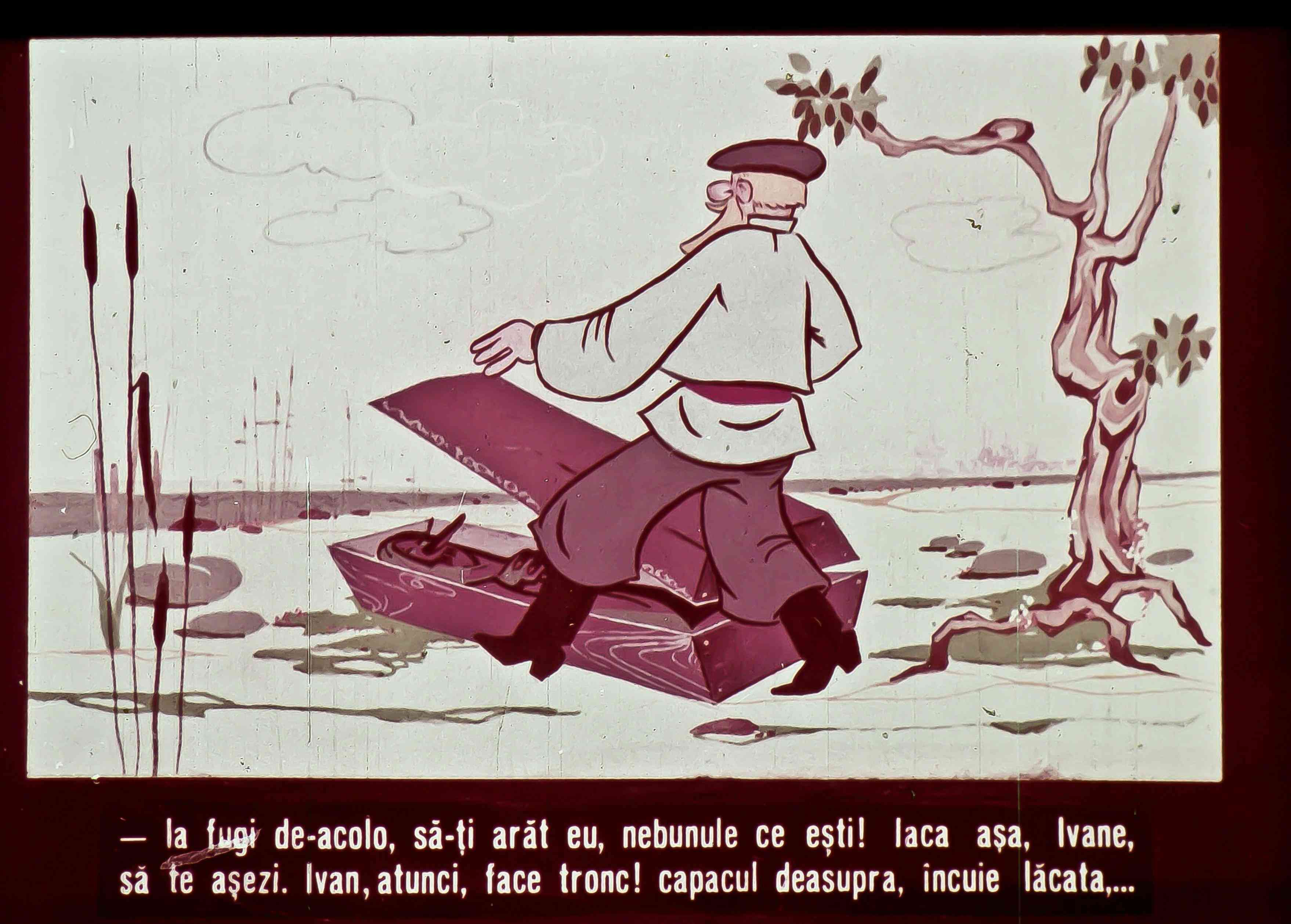 Ilustrație animată cu un bărbat pe un obiect plutitor într-un peisaj natural, având un text scris pe partea inferioară.