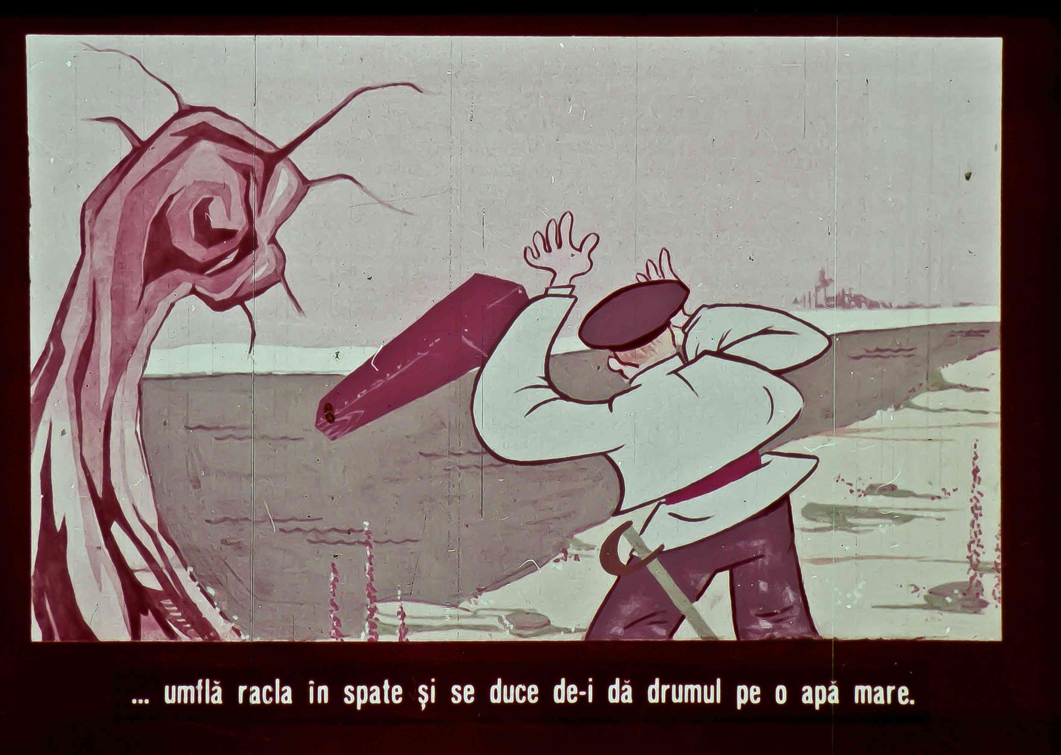 Imagine cu un personaj care poartă o raclă în spate, pregătindu-se să plece pe apă.