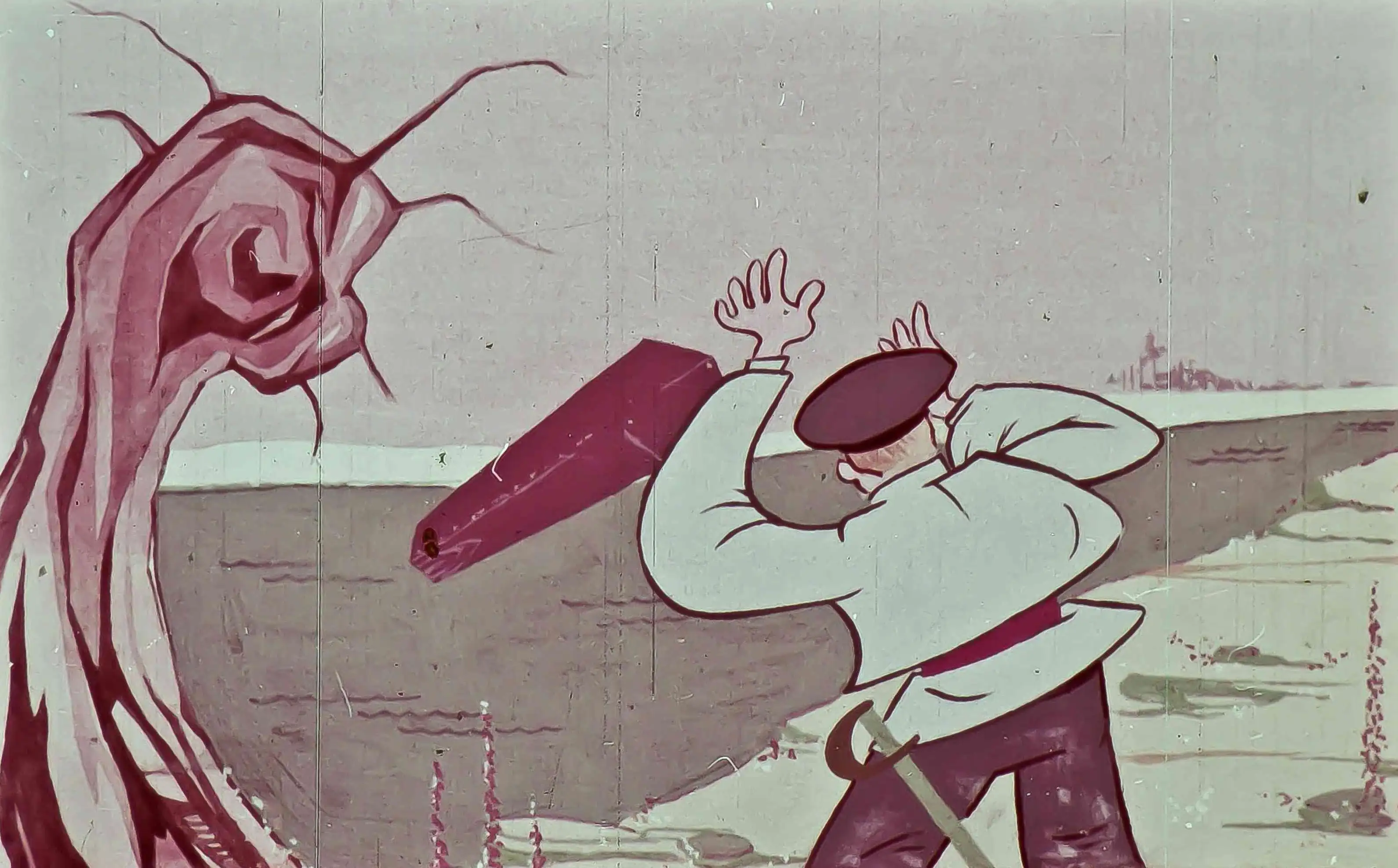 Imagine cu un personaj care poartă o raclă în spate, pregătindu-se să plece pe apă.