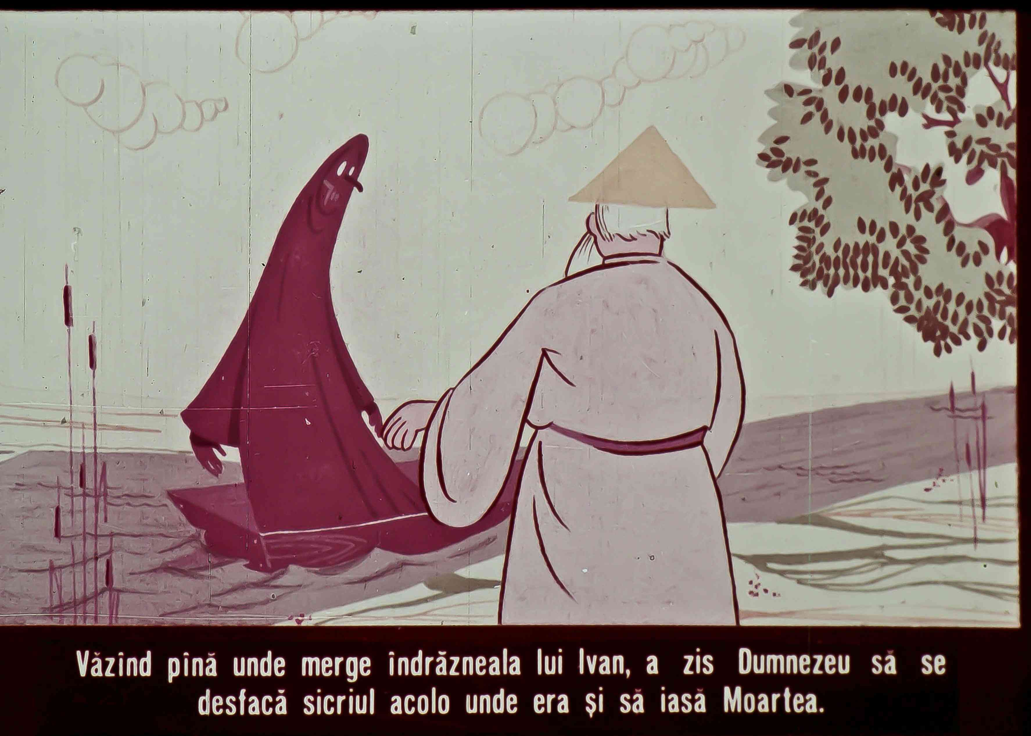 Ilustrație animată cu un bărbat într-o pălărie observând o siluetă într-o barcă pe un mal de apă, text explicativ în partea de jos.