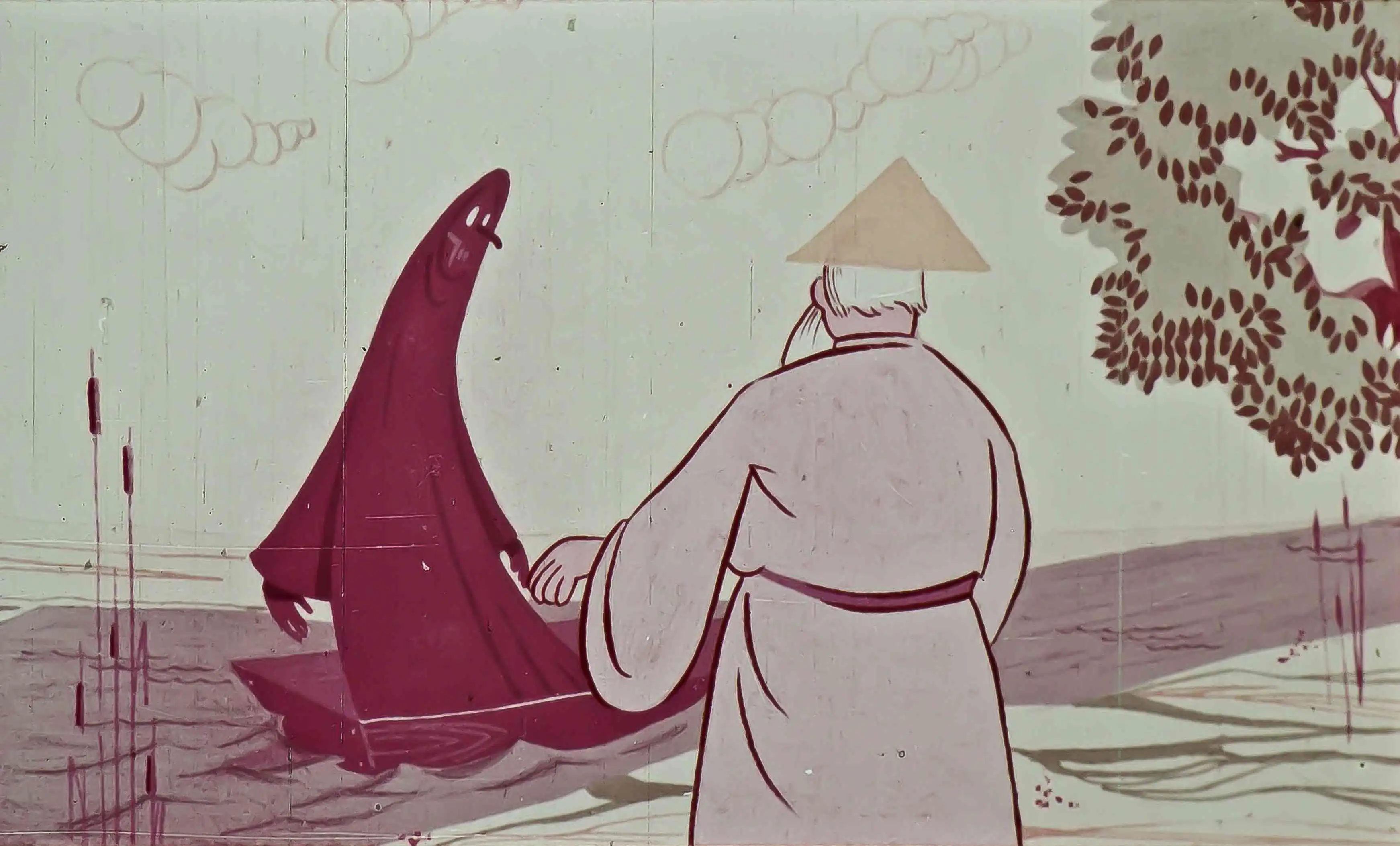 Ilustrație animată cu un bărbat într-o pălărie observând o siluetă într-o barcă pe un mal de apă, text explicativ în partea de jos.